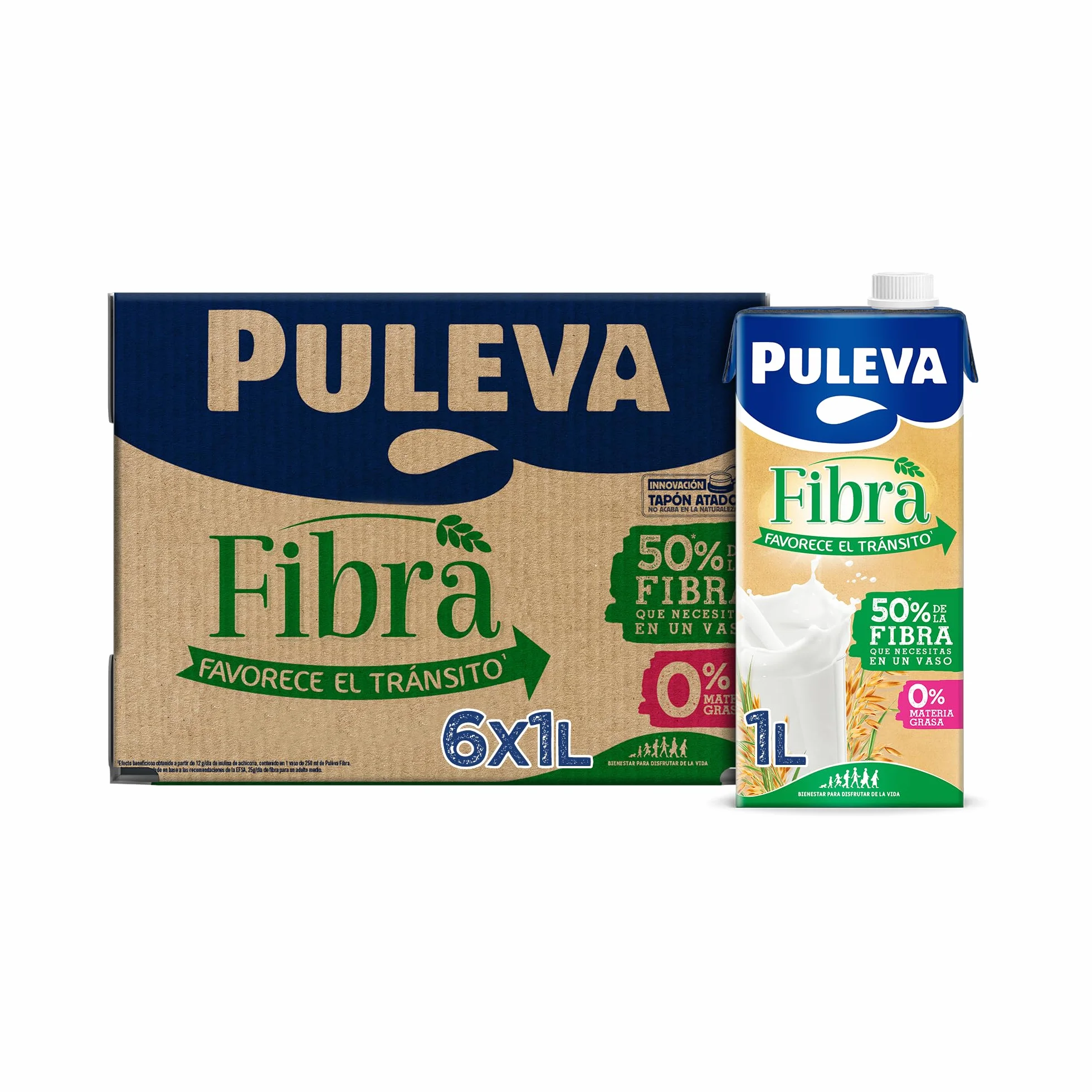Puleva Leche con Fibra de Achicoria y Avena, Bebida Láctea, Pack 6 x 1 Litro