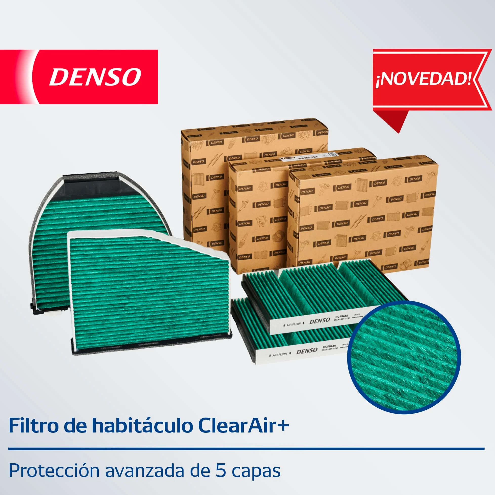 Filtro de habitáculo DENSO ClearAir+ (Referencia DCF841A) Filtración de 5 capas con protección antibacteriana, elimina hasta el 99% de bacterias y virus