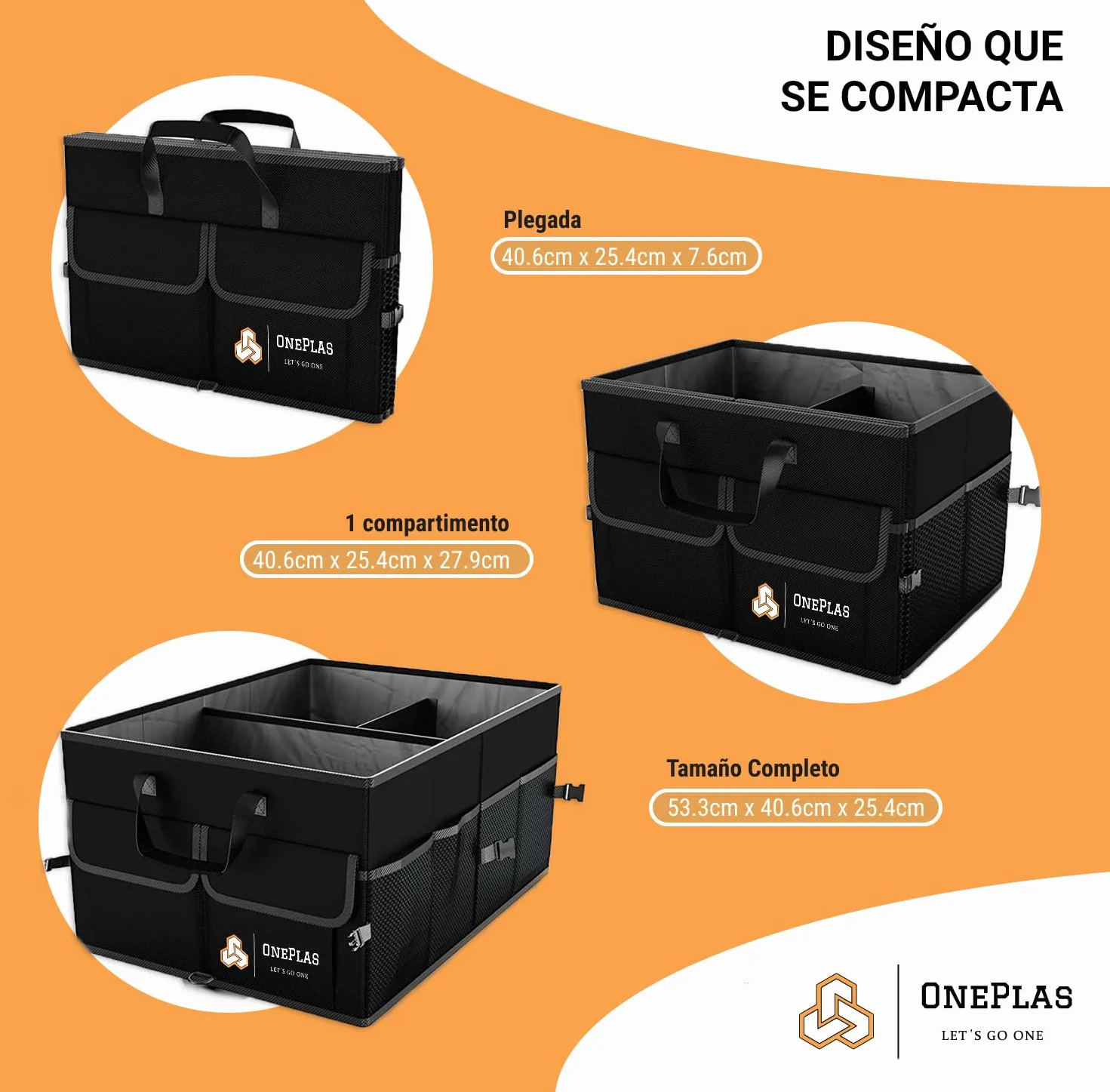 ONEPLAS Organizador de Maletero Coche y SUV - Organizador de Coche para Almacenamiento - Caja Plegable con 2 Compartimentos Grande - Base Antideslizante - Cinchas Ajustables - Tapa Extraíble (Negro)