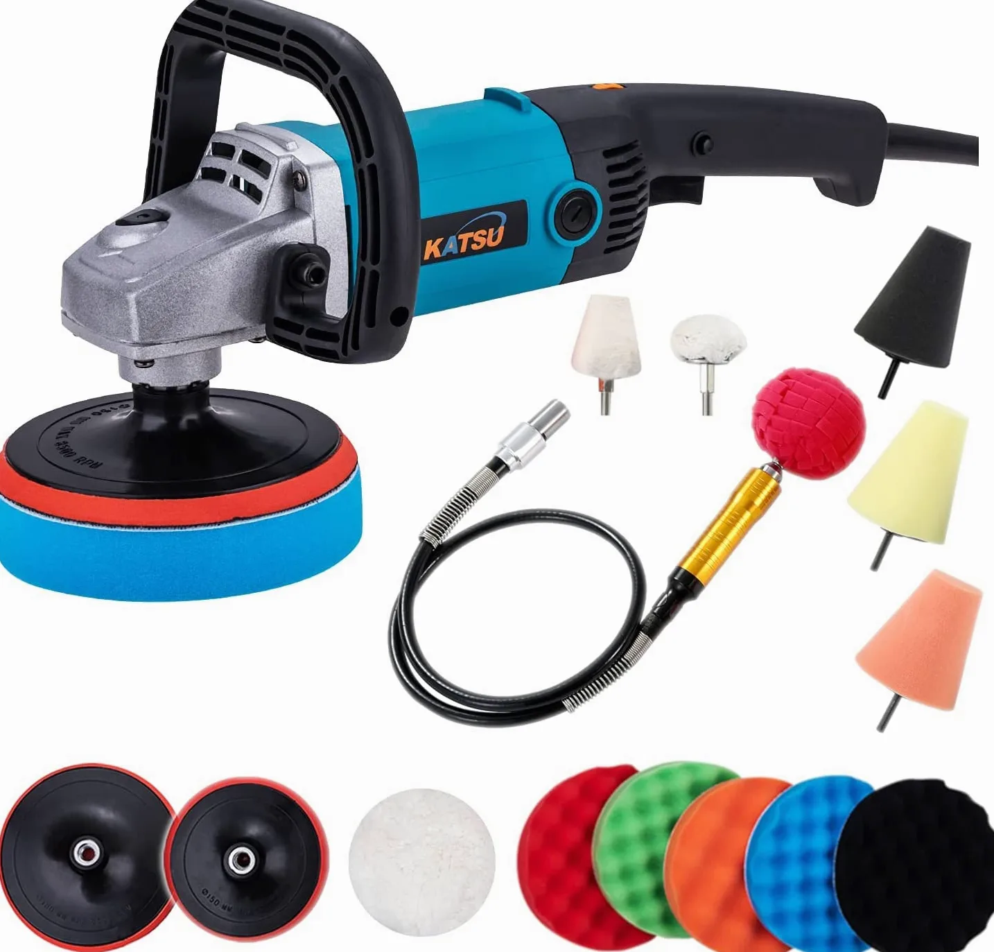 KATSU Pulidora Eléctrica de Coche 1200W 150mm 180mm 6 Velocidades Variables 16 Piezas