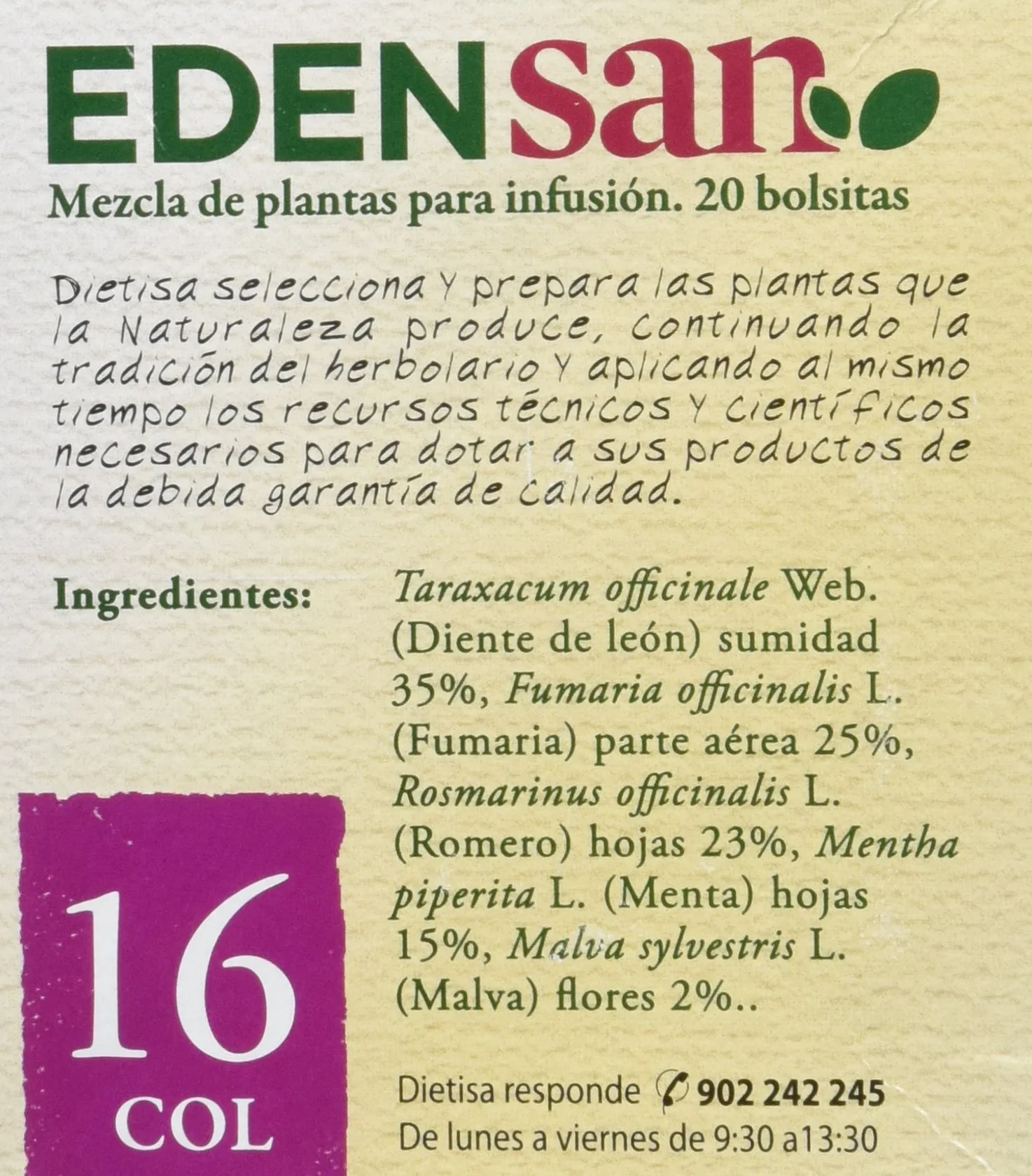 Dielisa Edensan 16 Col Filtros 20 bolsitas