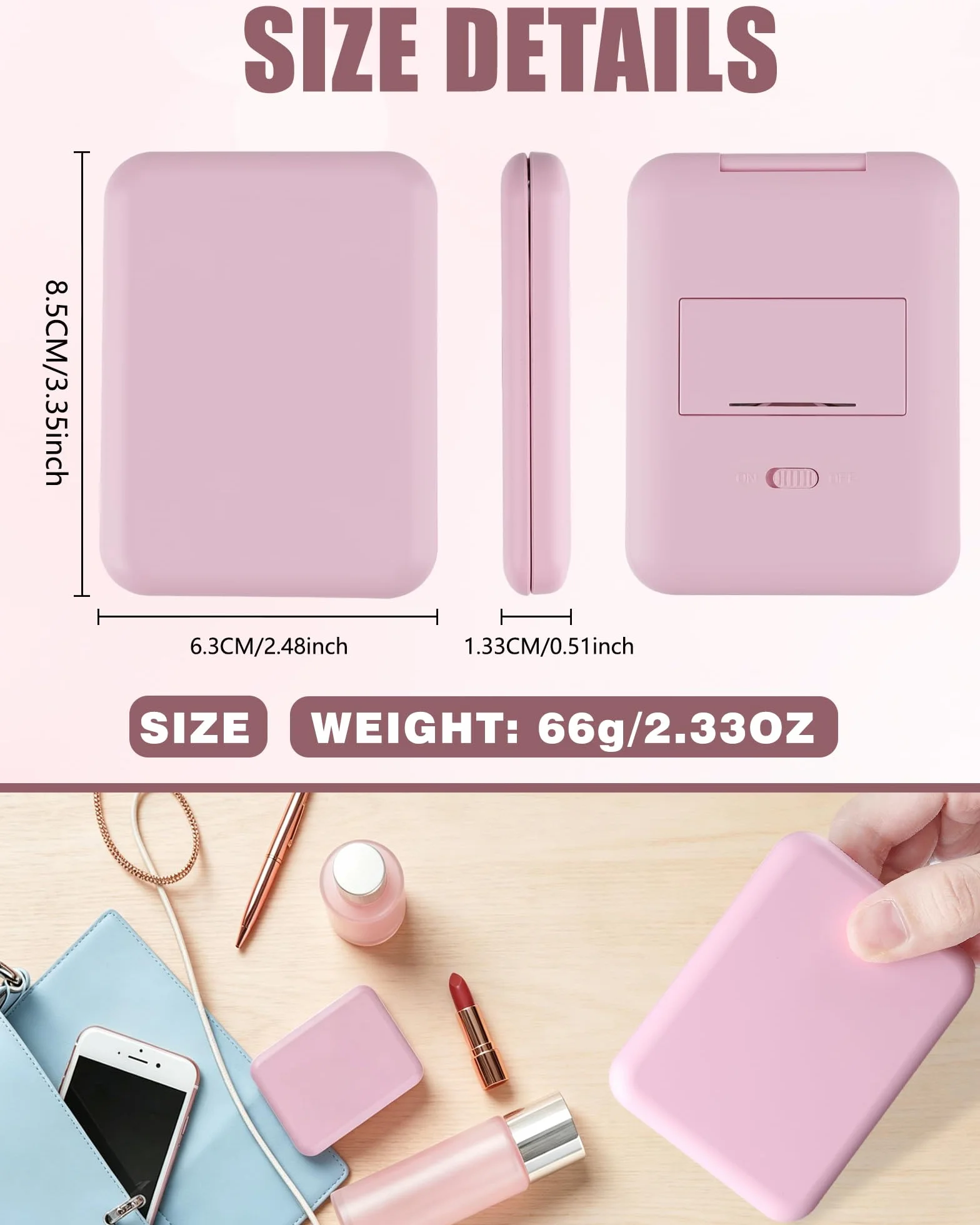 Espejo Maquillaje con Luz LED Plegable Aumento 1x/2x Portátil Rosa