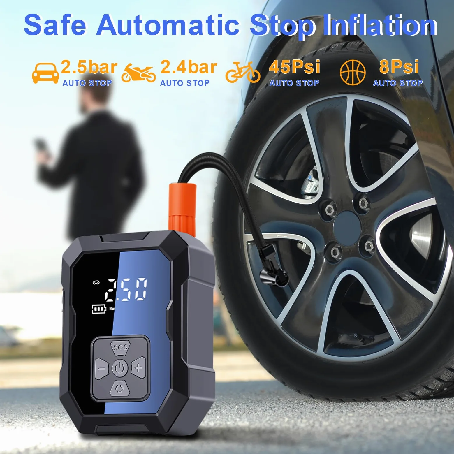 Compresor de aire portátil inflador de neumáticos, bomba de neumáticos 2 en 1 inalámbrica y encendedor de cigarrillos, con manómetro, hasta 150 psi, pantalla digital para coches, motocicletas