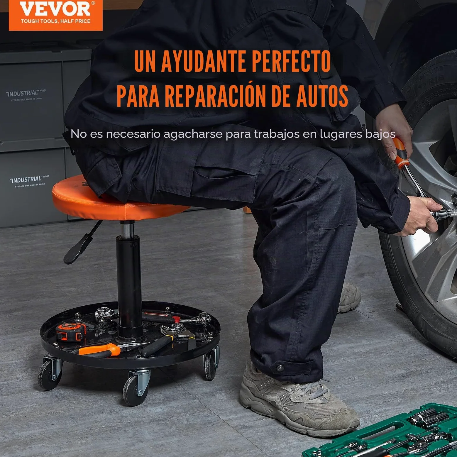 VEVOR Taburete de Taller Móvil Carga de 113,4 kg Taburete Mecánico con Ruedas Asiento de Taller Altura Ajustable con Bandeja de Herramientas Marco Resistente Cómodo Asiento Acolchado para Automóvil