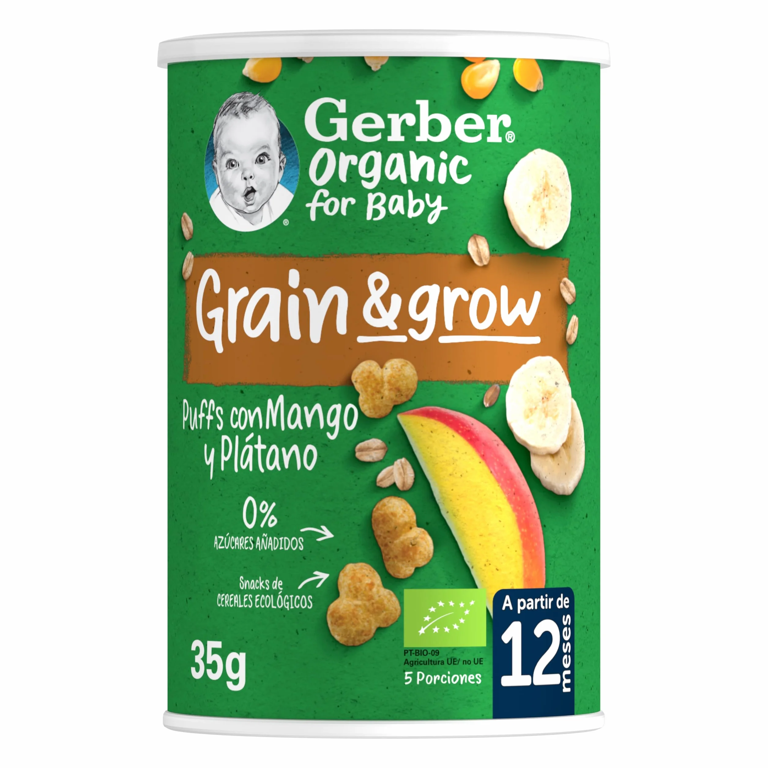 Gerber Organic Snack Maíz y Avena con Mango, 12 meses, 5 x 35 g
