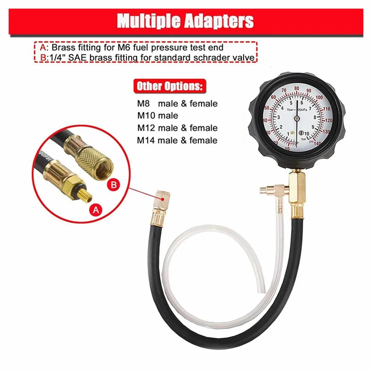 Kit de comprobador de presión de inyector de Combustible TU-114, compresión del Motor de 0 a 140 PSI, Herramientas de presión de Aceite y Gas para automóviles y Motocicletas.