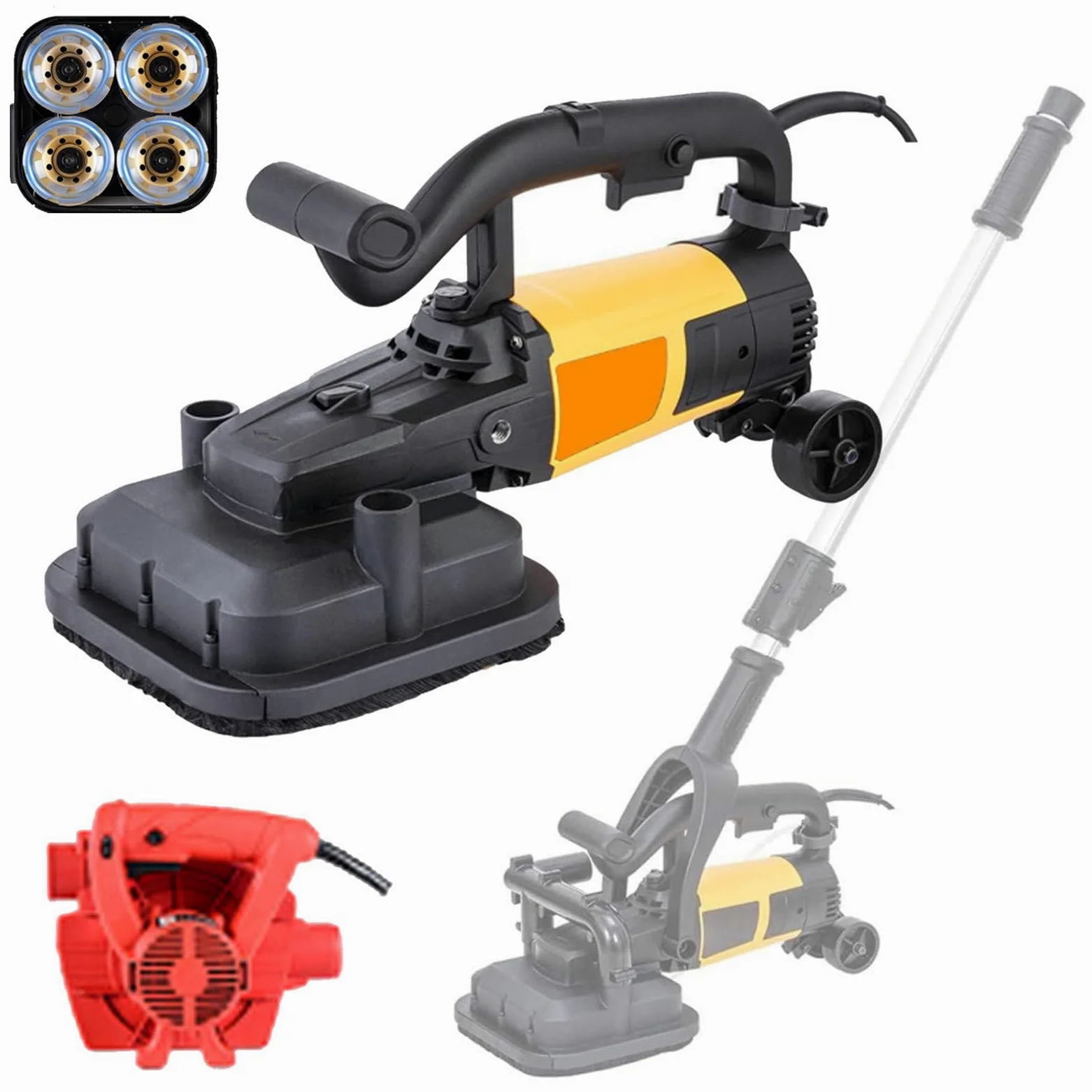 Amoladora de suelo de hormigón de 3800 W, pulidora de 4 pulgadas con varilla extensible, 6 engranajes, 6000 RPM para moler hormigón, cemento, mármol, herramienta versátil de pulido de suelos