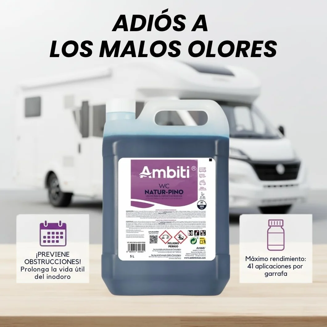 Ambiti | Natur Pino 5L | Aditivo para Depósito de Residuos Aguas Negras | Inodoros Portátiles de Autocaravanas, Caravanas y Barcos | Elimina Olores,residuos y Desinfecta | Fragancia a Pino