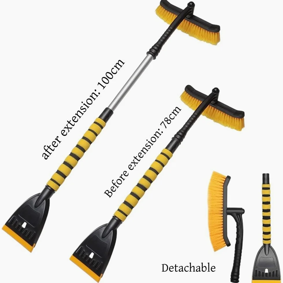 Rascador de nieve para coche con mango de aluminio extensible y cabeza desmontable, 100 cm, telescópica para quitar hielo, cepillo EVA ABS para limpiar las heladas