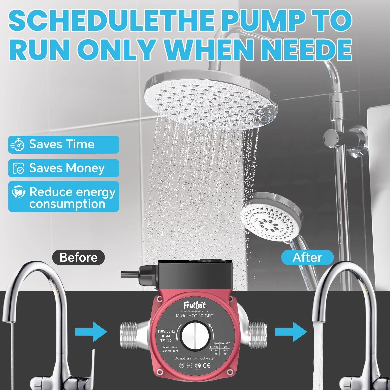 Bomba de recirculación de agua caliente para calentador de agua, bomba de circulación de agua caliente de 3 velocidades, bomba de circulación de agua caliente de 110 V para casa, bomba de agua