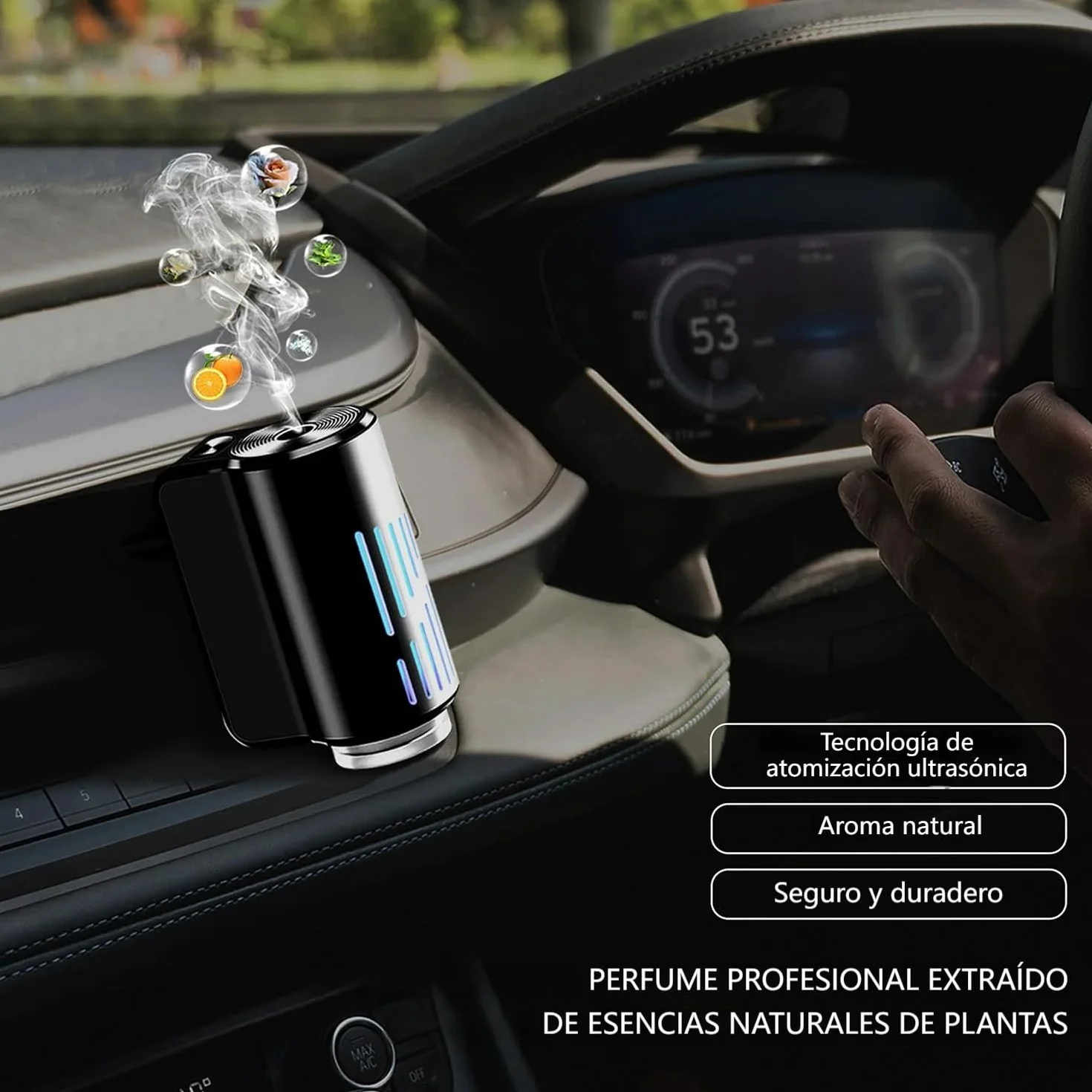 AI Eléctrico Ambientador Coche con 6 perfumes, Nebulizador Ultrasónico, 3 Modos Inteligentes, Encendido/Apagado Automático, Batería Incorporada, Perfume Francés Natural,Fragancia Hasta 12 Meses CFK-6Z