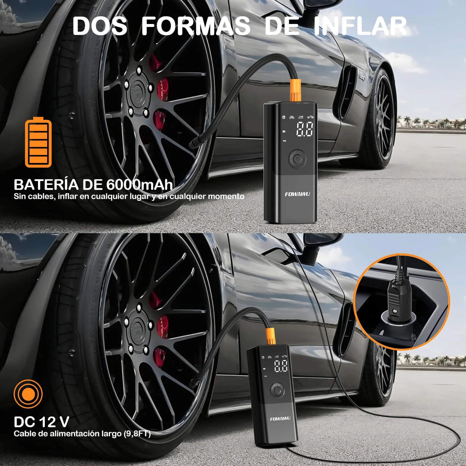 FOWAWU 6000mAh Compresor Aire Portatil, 150PSI 12V DC Bomba de Aire Bicicleta Electrica con gran pantalla doble LCD y Linterna LED, Inflador Ruedas Coche para Moto, Bicicletas, Pelotas