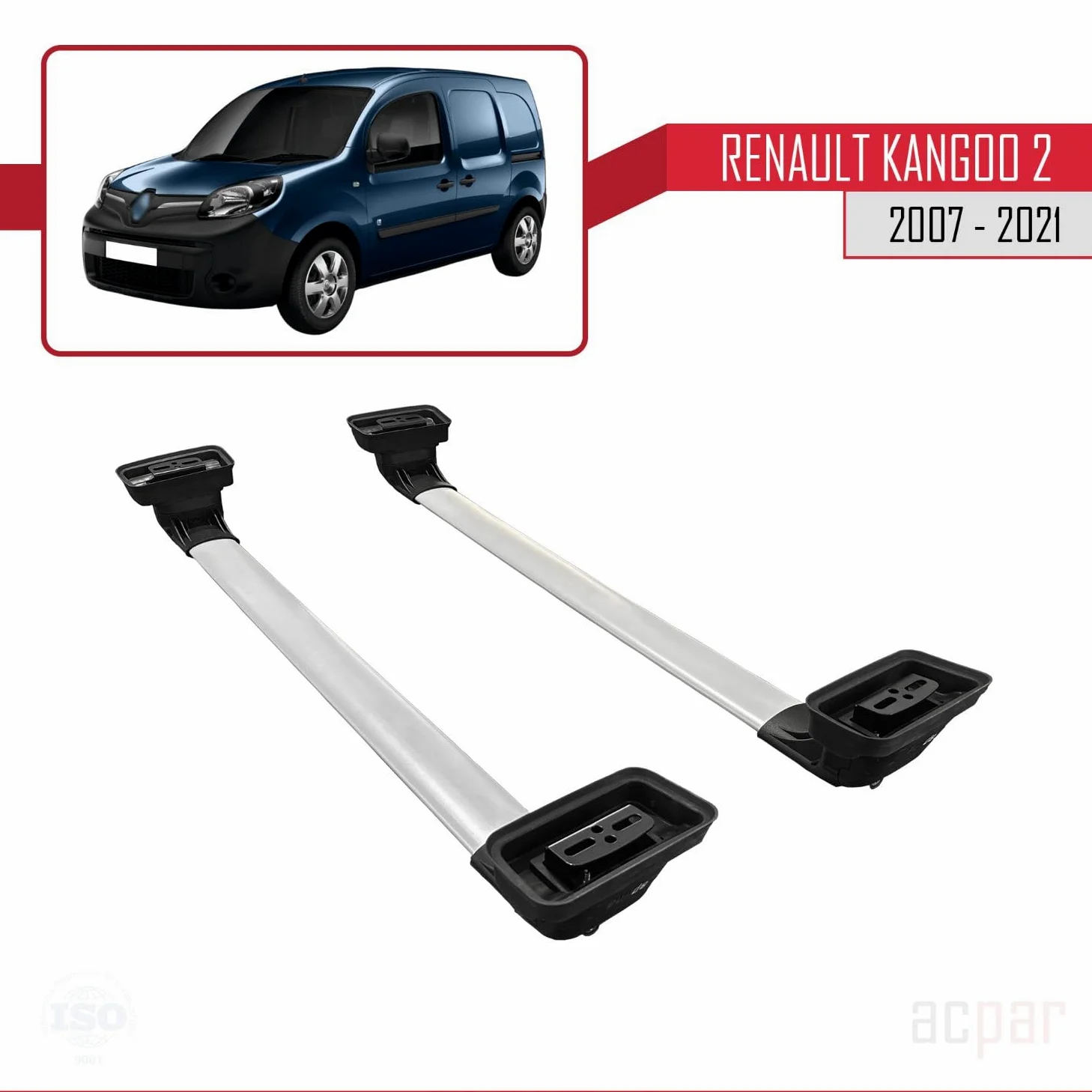 Compatible con Renault Kangoo 2 (X61) 2007-2021 Modelo Ace-3 Barra de Techo Auto Portaequipajes Barras Transversales Gris Aluminio 2 Barras