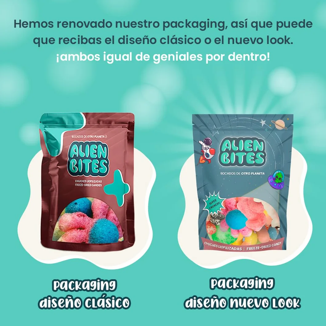 Alien Bites Pack de 4 Bolsas de 50g Chuches Liofilizadas Gominolas Freeze Dried Sin gluten