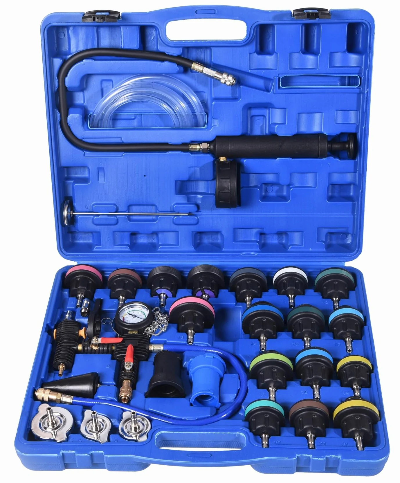 Kit de comprobador de presión del radiador del sistema de enfriamiento de 28 piezas, comprobador de presión del refrigerante del radiador, comprobador de detector de fugas de agua del automóvil, co