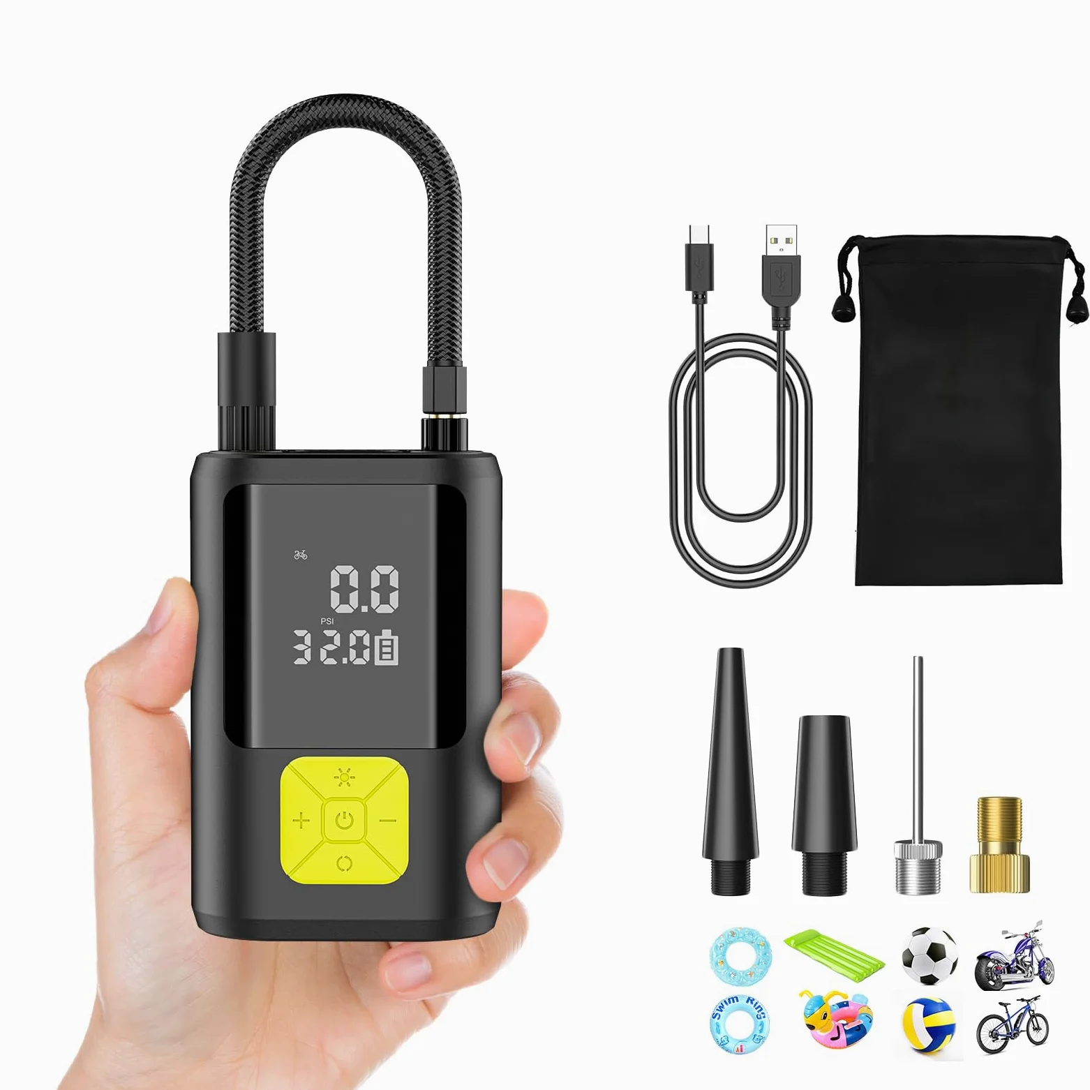 6000Mah Compresor Aire Portatil, 150PSI Inflador Ruedas Coche Mini Bomba de Aire Bicicleta Electrica con Pantalla LCD Digital y Linterna LED，con 4 Boquillas para Coches, Motos, Bicicletas Pelotas