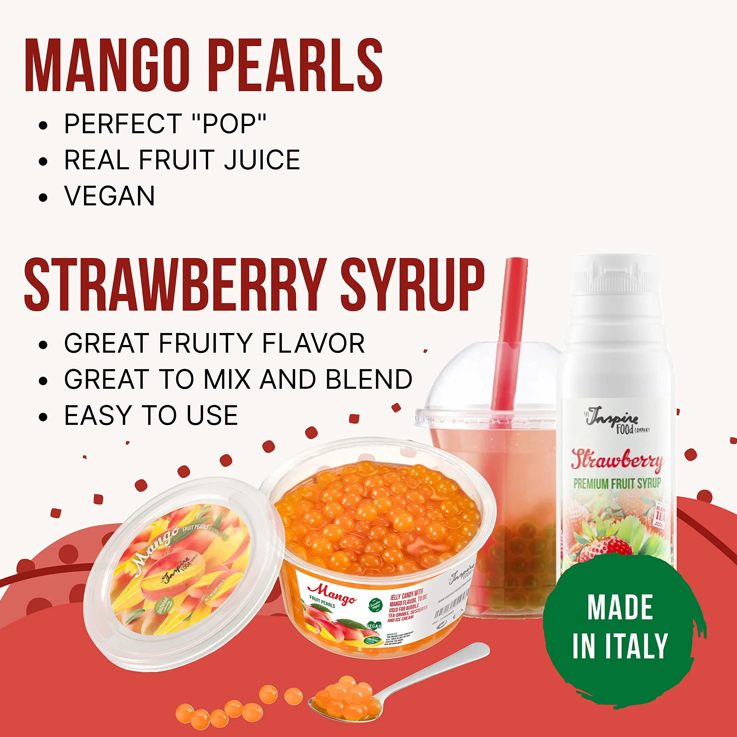 INSPIRE FOOD Set de Perlas de Bubble Tea - Mango Popping Boba 450g, Jarabe de Fresa 300ml, 2 Sorbetes