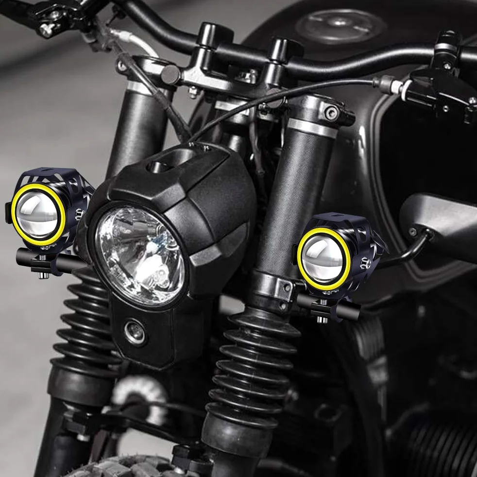 2 piezas U7 luz antiniebla de conducción de motocicleta con halo ámbar, impermeable para motocicleta auxiliar DRL faros delanteros LED con interruptor de 3 cables 12V 24V para moto quad scooter