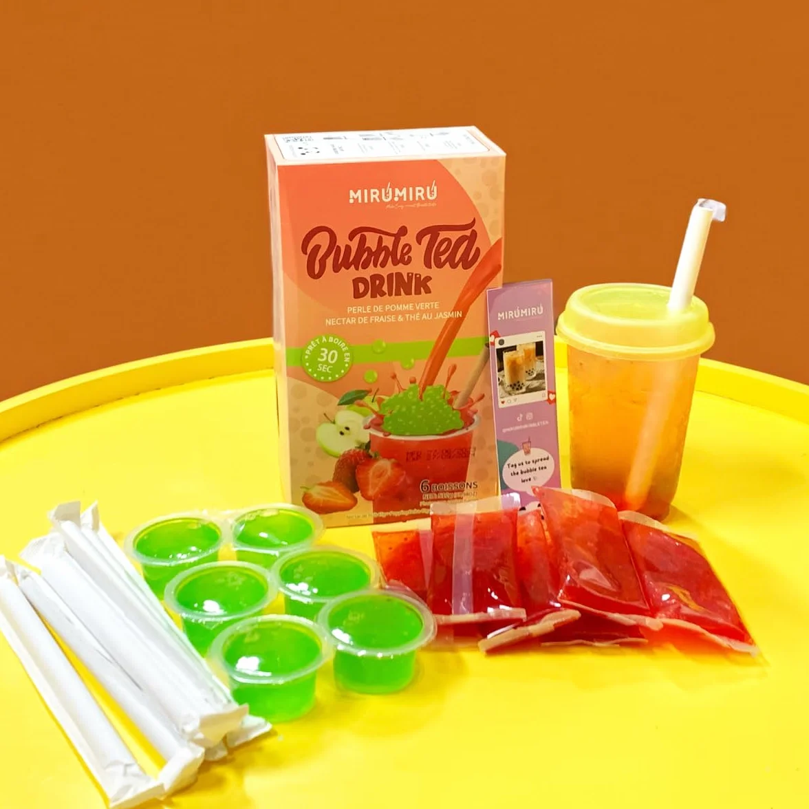 Kit de Bubble Tea MiruMiru - Perlas de Manzana Verde y Néctar de Fresa con Té de Jazmín - Kit Casero para Hacer Bebidas con Pajitas