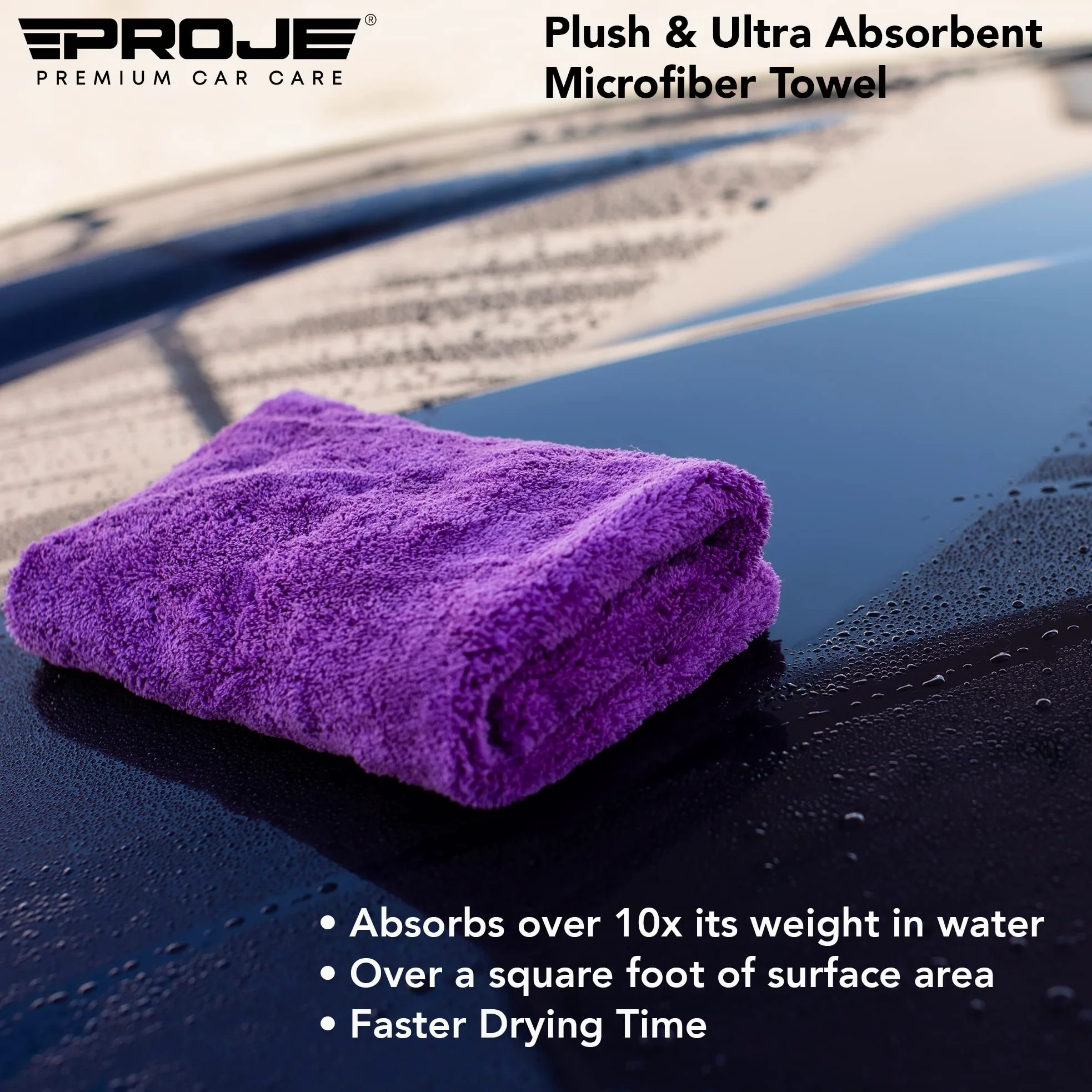 PROJE' PurplePRO - Toalla de secado de microfibra púrpura para automóviles, paño de limpieza ultra absorbente, toalla de detalles exteriores e interiores de automóviles, 500 g/m², 16 x 16 pulgadas