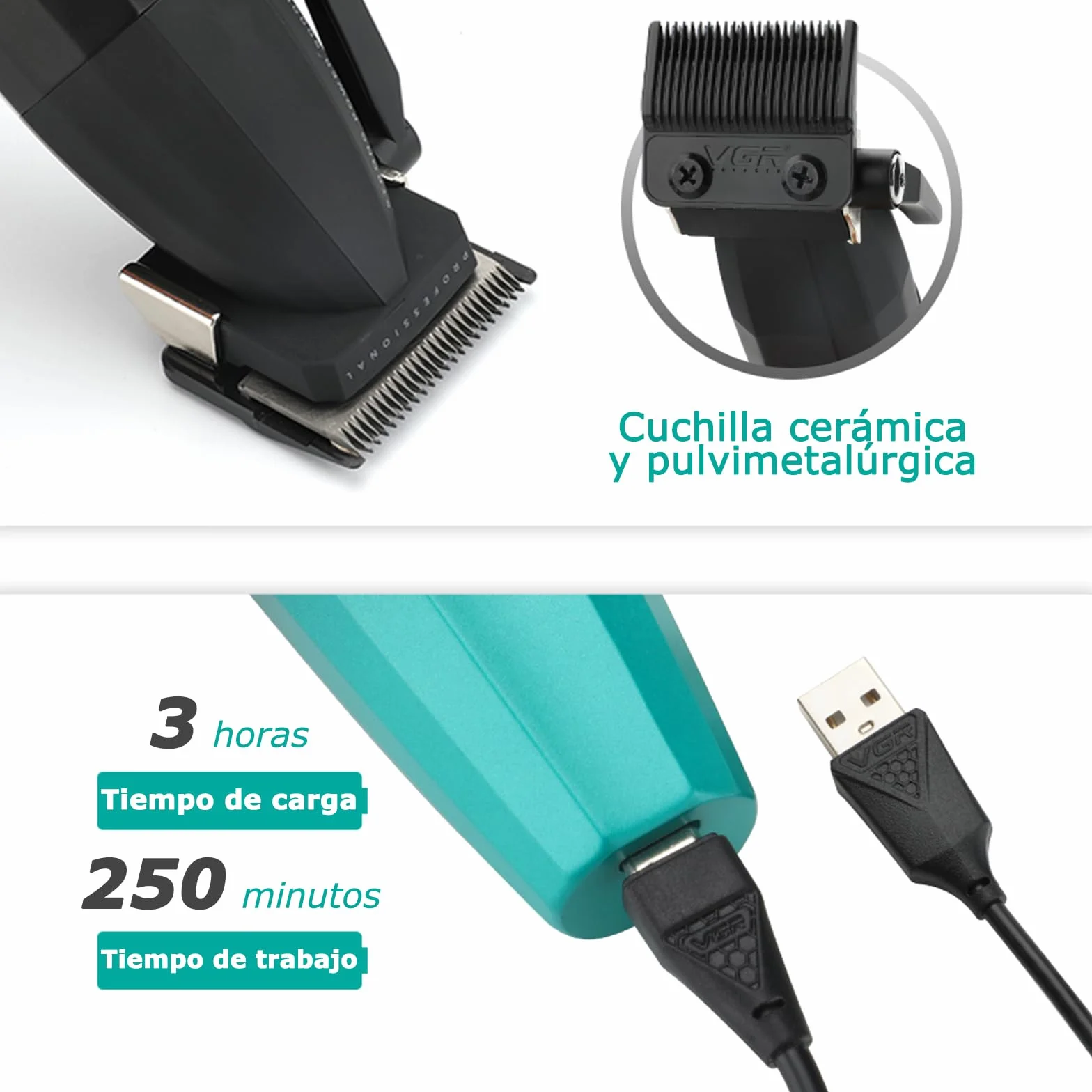 VGR 003 Cortapelos Profesional Inalámbrico, Máquina de Cortar Pelo Hombre, Cuerpo Metálico, Motor 9000 RPM, Cuchillas Cerámicas, LED, USB, Verde