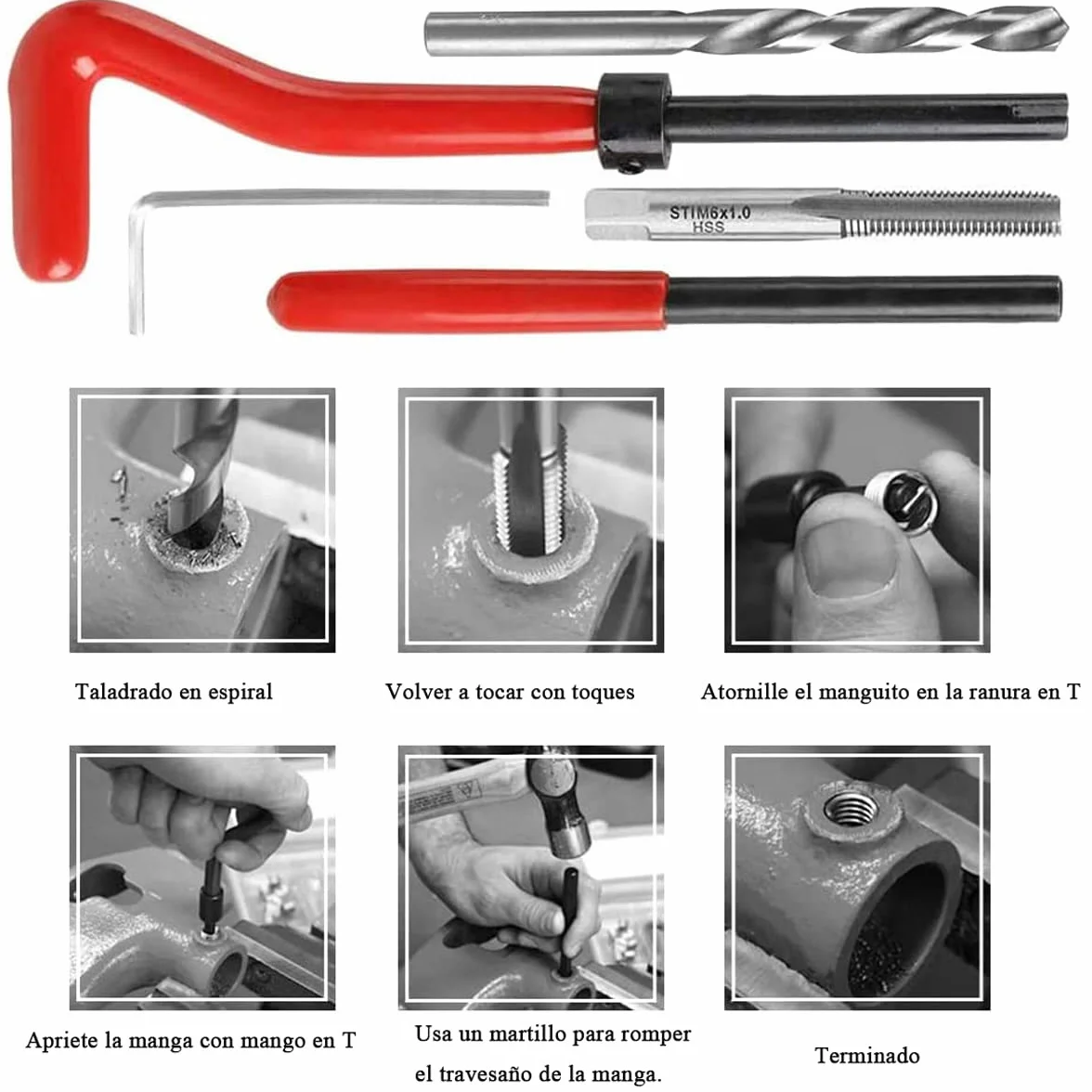 Treki Juego de Reparación de Roscas 30 Piezas M6 Thread Repair Kit Herramientas de Mano HSS Drill Helicoil Kit de Inserción de Reparación de Roscas para Reparación Automóvil