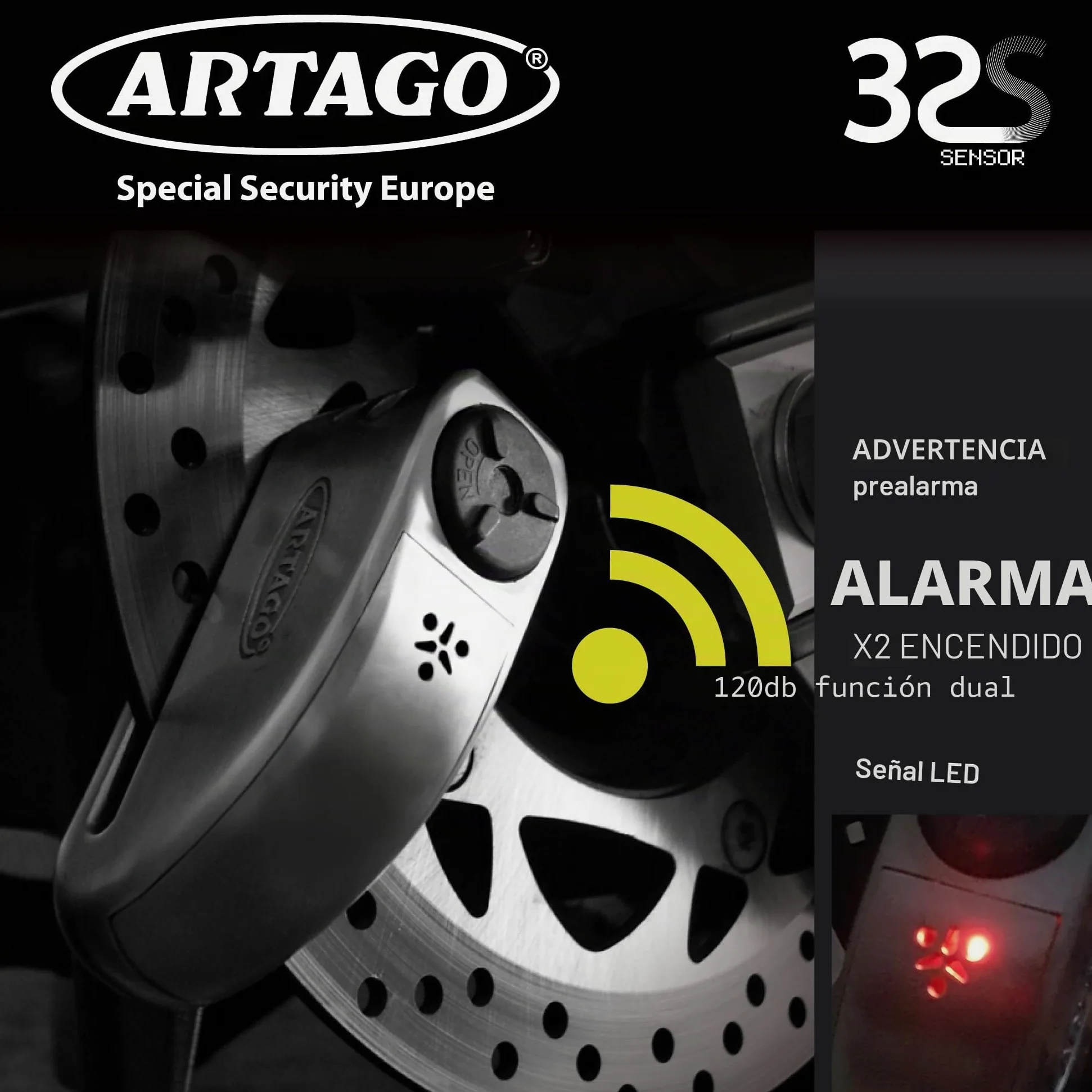 Artago 32S2 Pack Candado Antirrobo Disco con Alarma 120db Alta Seguridad + Soporte para Yamaha MT-07 y Tracer 700, Homologado Sra