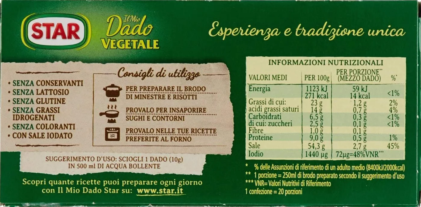 Star il Mio Dado 12 vegetales con 9 verduras sin conservantes sin lactosa ni glutenfre italian gourmet polpa 400 g