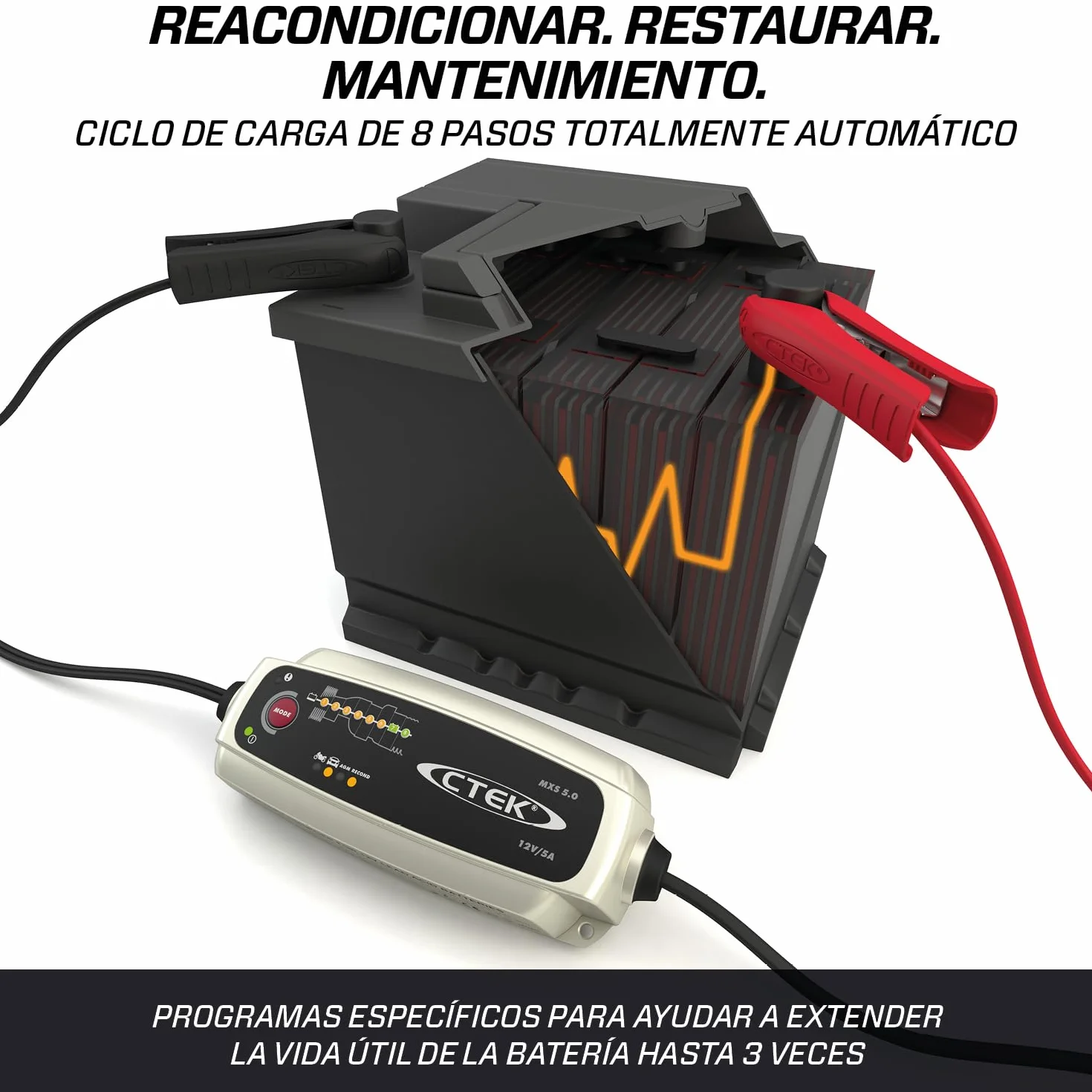 CTEK MXS 5.0, Cargador Batería 12V 5A con Compensación De Temperatura Incorporada, Cargador De Batería De Coche Y Moto, Cargador Inteligente Baterias, Mantenedor De Batería con Opción De AGM Dedicada