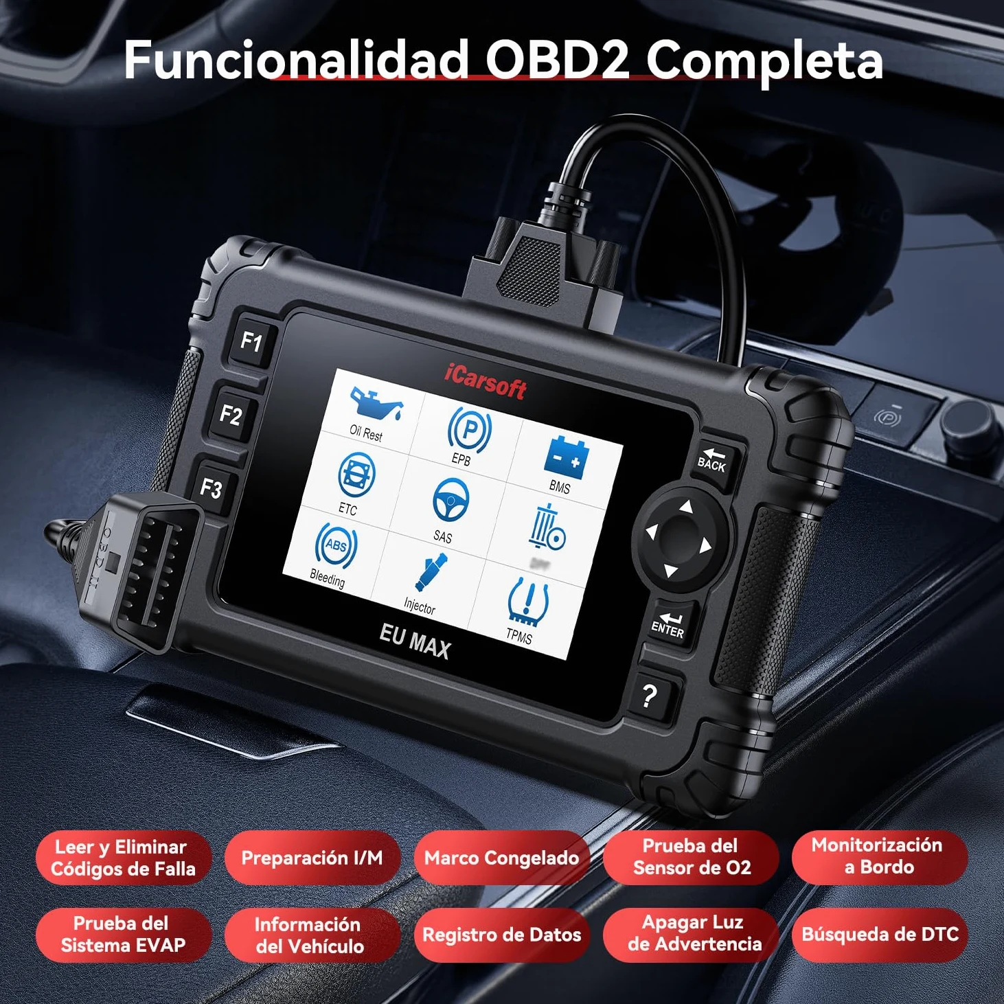 iCarsoft EU MAX OBD2 Máquina Diagnosis Coche para Marcas Europeas, Bidireccional Escáner de Todo el Sistema, 48 Funciones Reinicio, Prueba de Batería, Vin Automático, Actualizaciones de por Vida