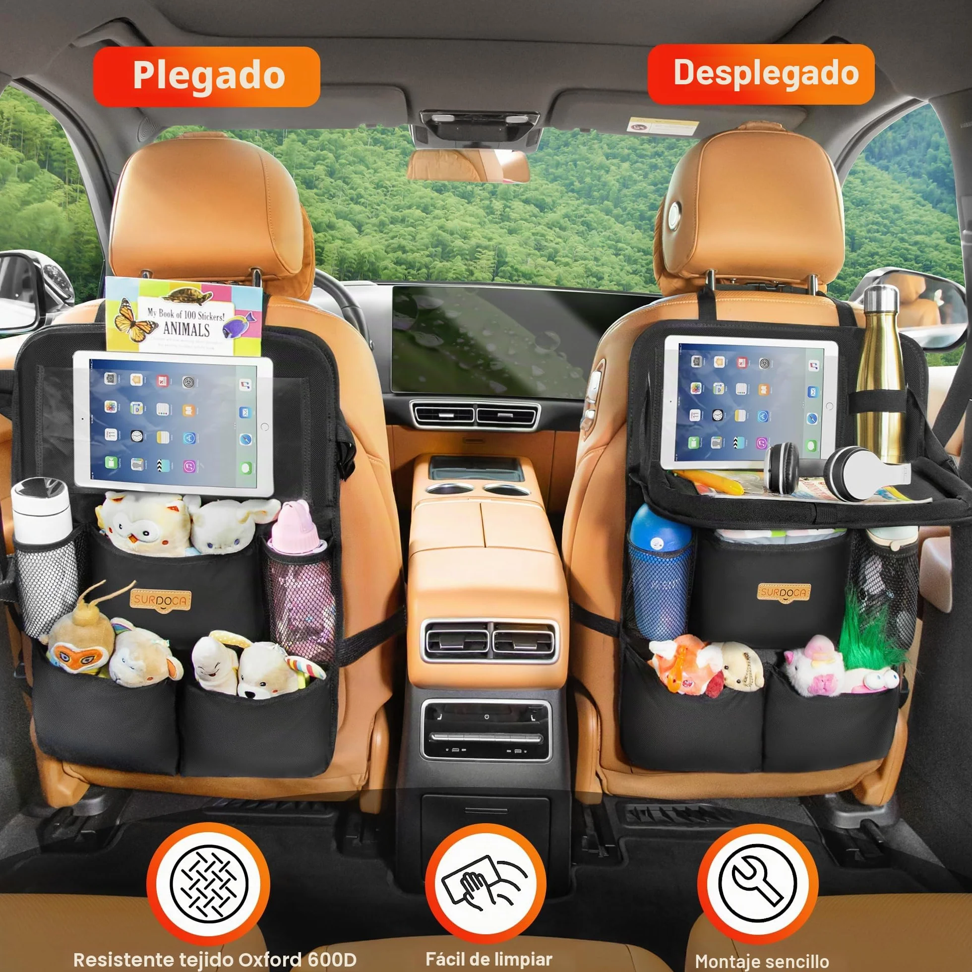 SURDOCA Organizador de asiento trasero de coche con bandeja plegable para niños y adultos – Nuevo modelo de almacenamiento de asiento con bolsillo táctil para tablet, artículos esenciales para viajes