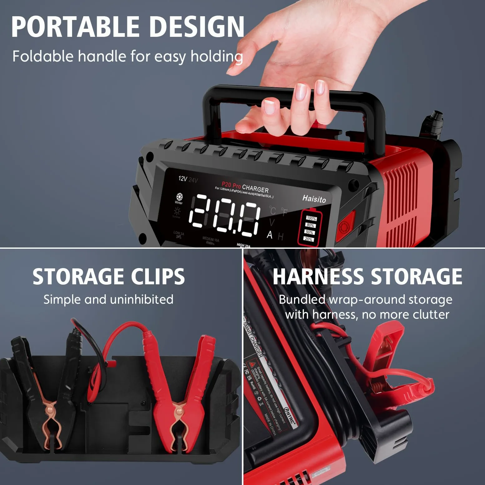 Haisito Cargador de batería de coche P20Pro, 12V 24V 20A, cargador rápido inteligente, cargador de vórtice para LiFePO4 de iones de litio, baterías de plomo-ácido (AGM, GEL, EFB, MF, etc.) barcos