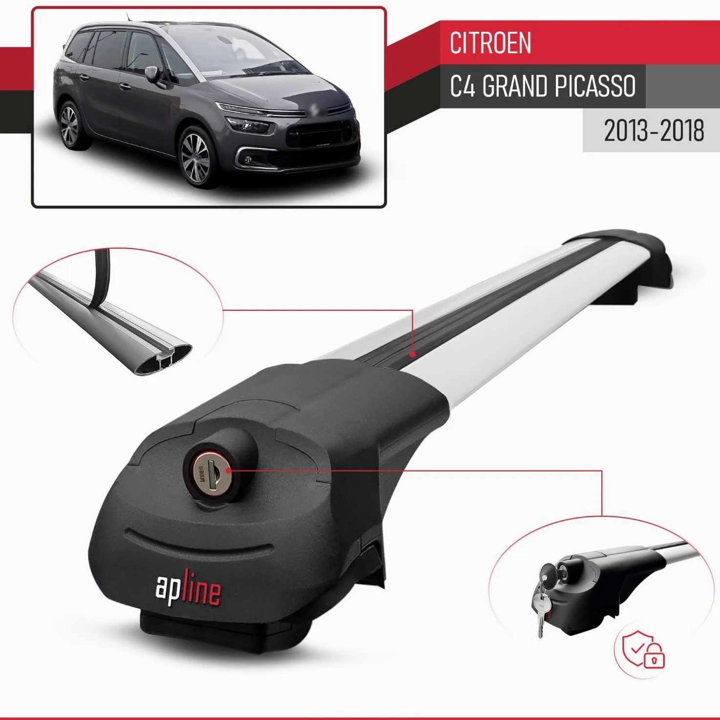 Compatible con Citroen C4 Grand Picasso 2013-2018 Ace-1 Barras de Techo Auto Portaequipajes Barras Transversales Gris Aluminio 2 Barras