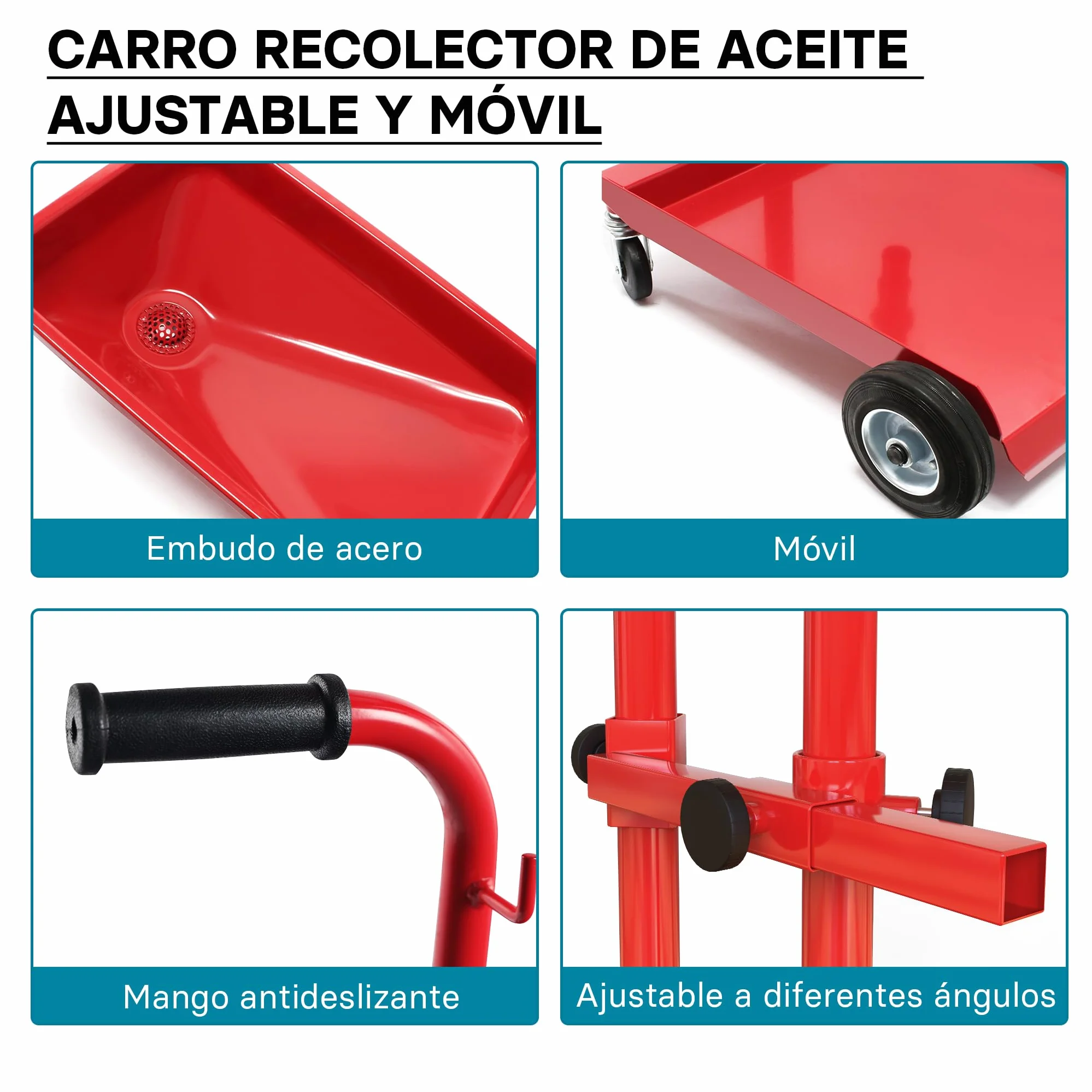 Wiltec Carro recogedor de aceite recolector para aceite usado con embudo ajustable en altura extractor