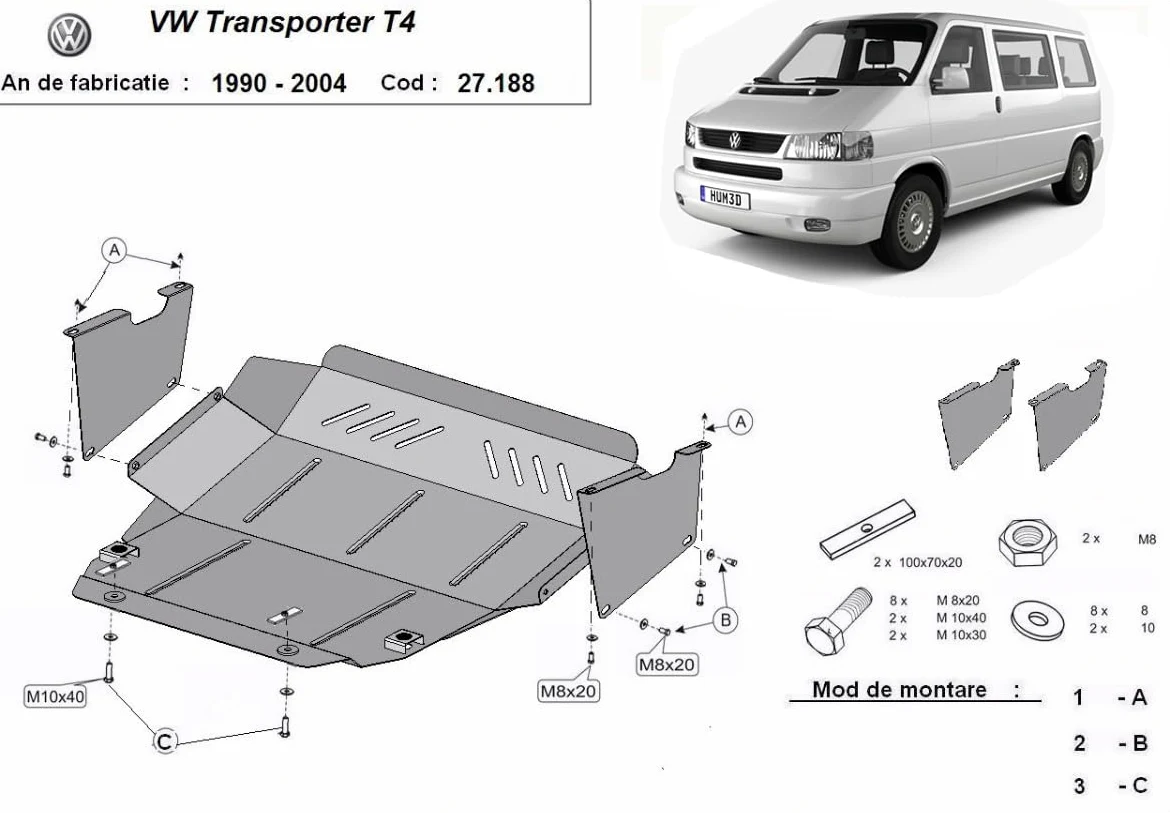 Protección inferior del motor metálica compatible con VW Transporter T4 Caravelle (1990-2003)
