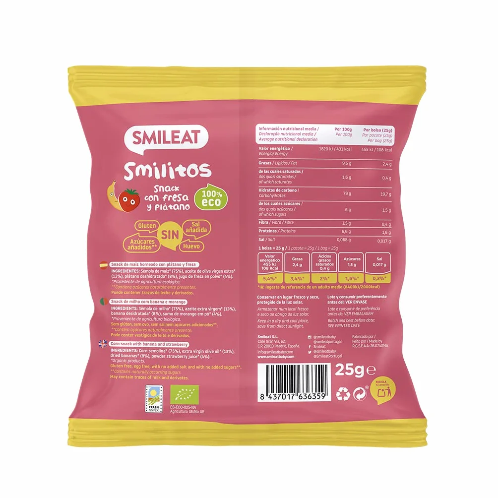 Smileat Bolsas de Snacks Ecológicos de Maíz Fresa y Plátano Pack 12 x 25g