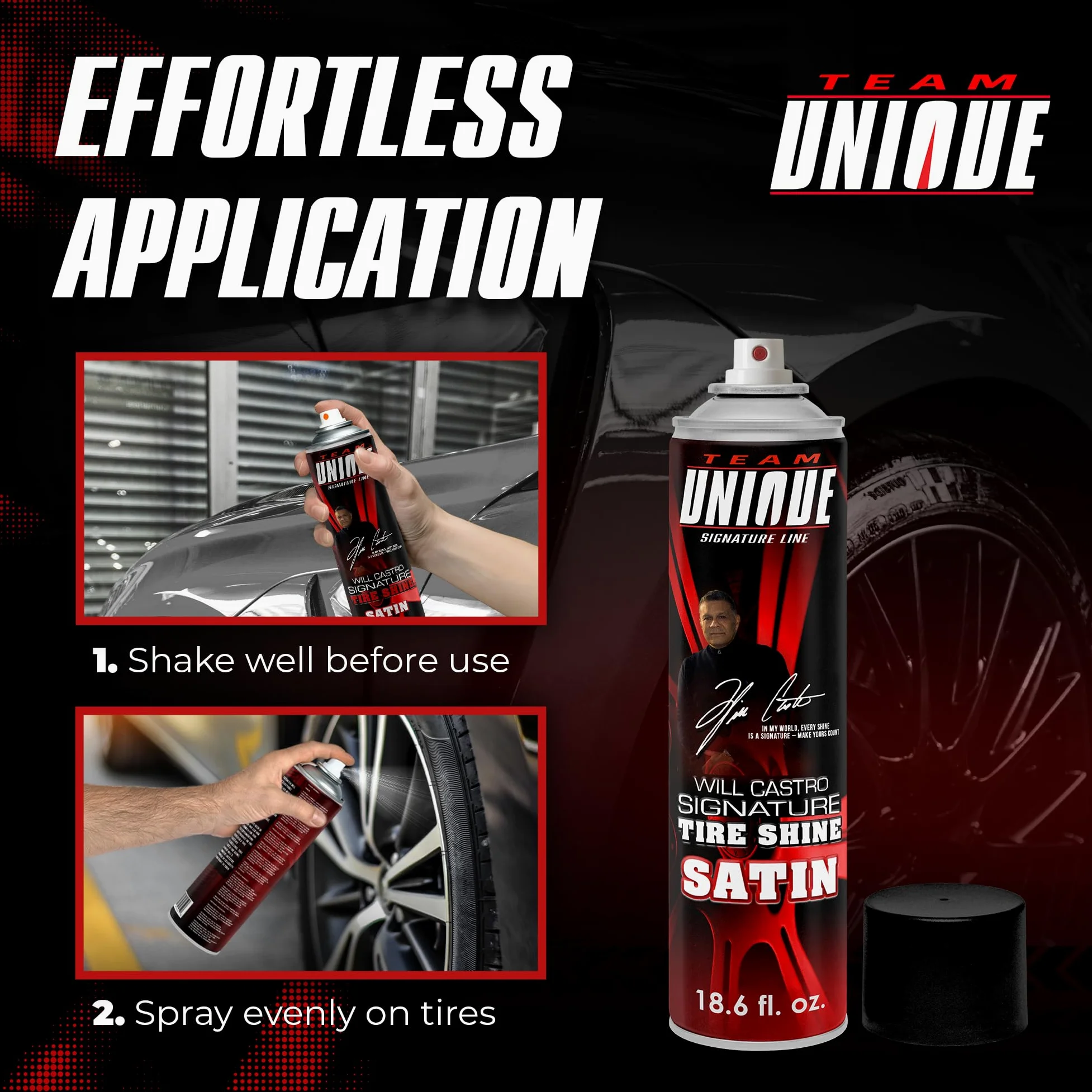 TEAM ÚNICO Tire Shine Satin - 510,3 g, lote de 6 | Fórmula avanzada para un brillo satinado duradero | Protege los neumáticos contra grietas y decoloración | Spray no graso, de baja eslinga