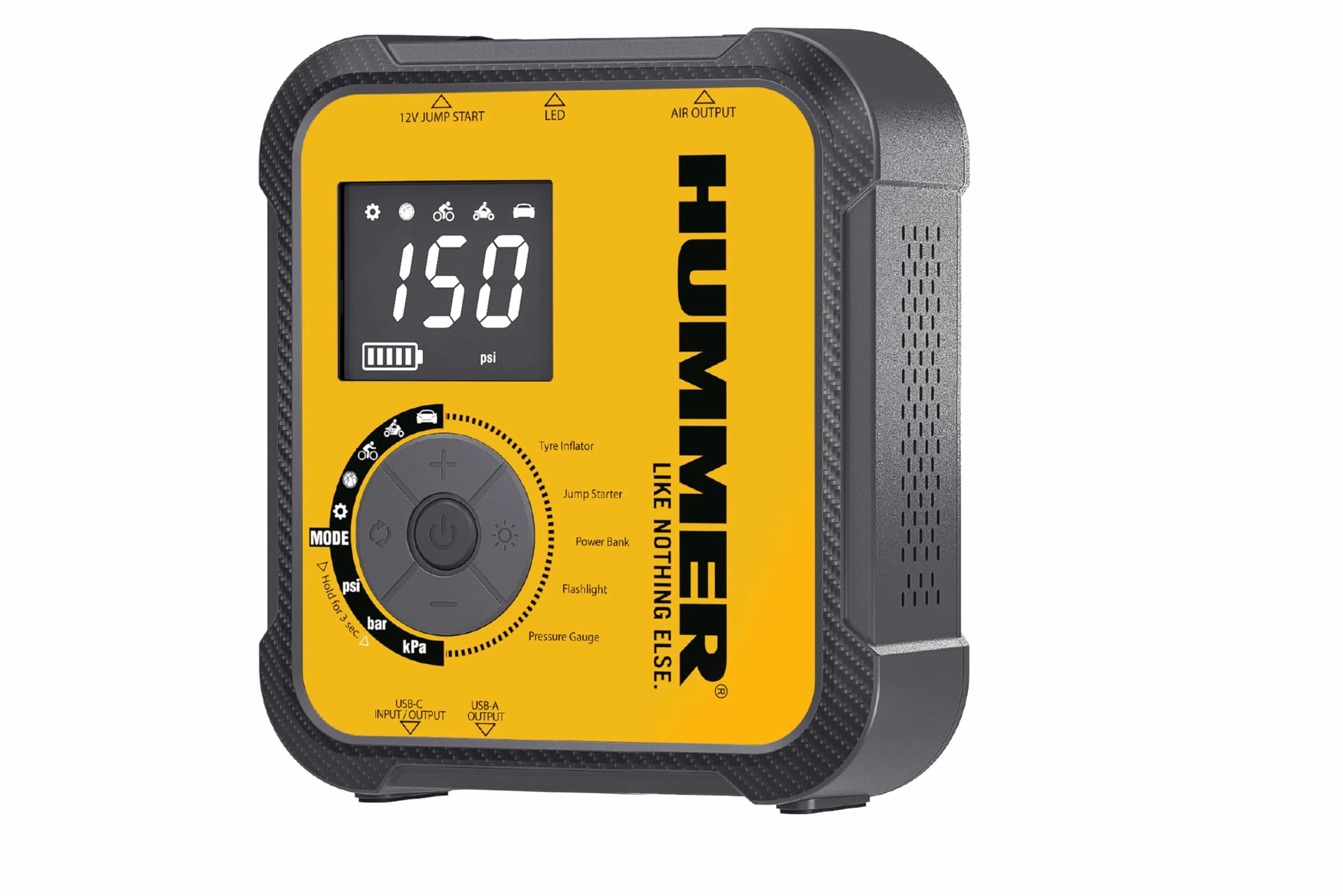 Hummer H10T Arrancador Multifuncional 10000mAh con Compresor 150 PSI, Jump Starter 2000A para Motores Gasolina 8.0L y Diésel 7.0L, Inflador Inalámbrico, Power Bank USB-C PD 30W y USB-A QC 18W