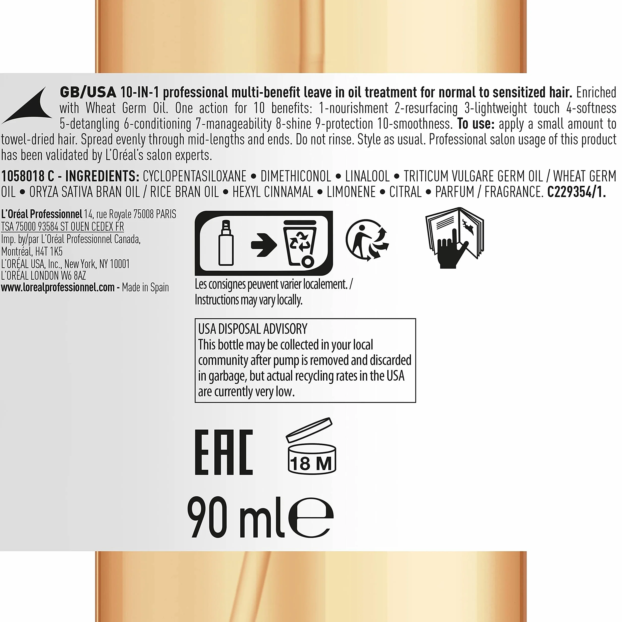 L'Oréal Professionnel Absolut Repair Aceite 10-en-1 Oil Tratamiento Reconstructor Pelo Seco Dañado 90ml