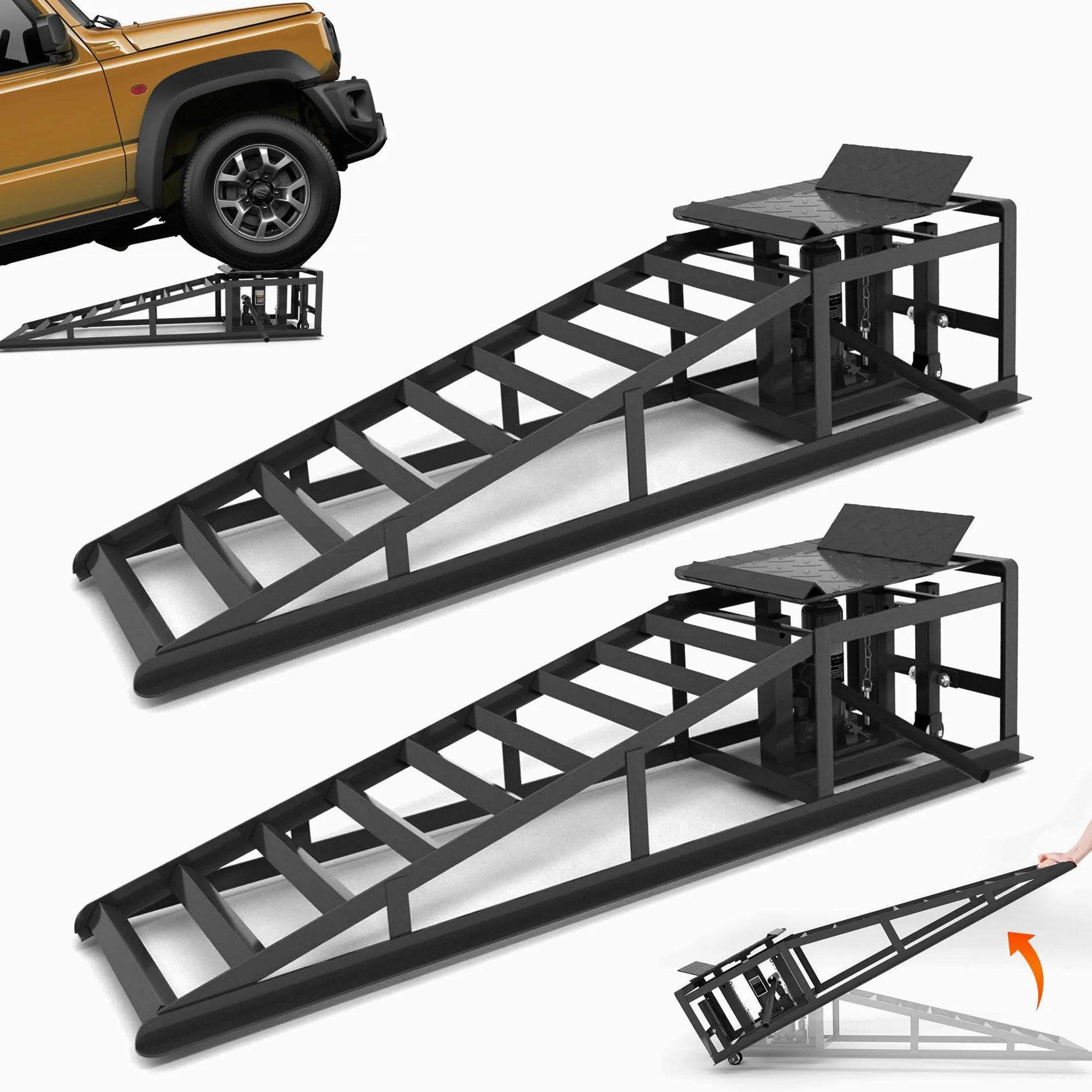 Juego de 2 rampas para coche con gato hidráulico y ruedas, capacidad de carga 5T (5000 kg), altura regulable 23 – 36 cm, plataforma elevadora para cambio de aceite y garaje, rampas de gato portátil