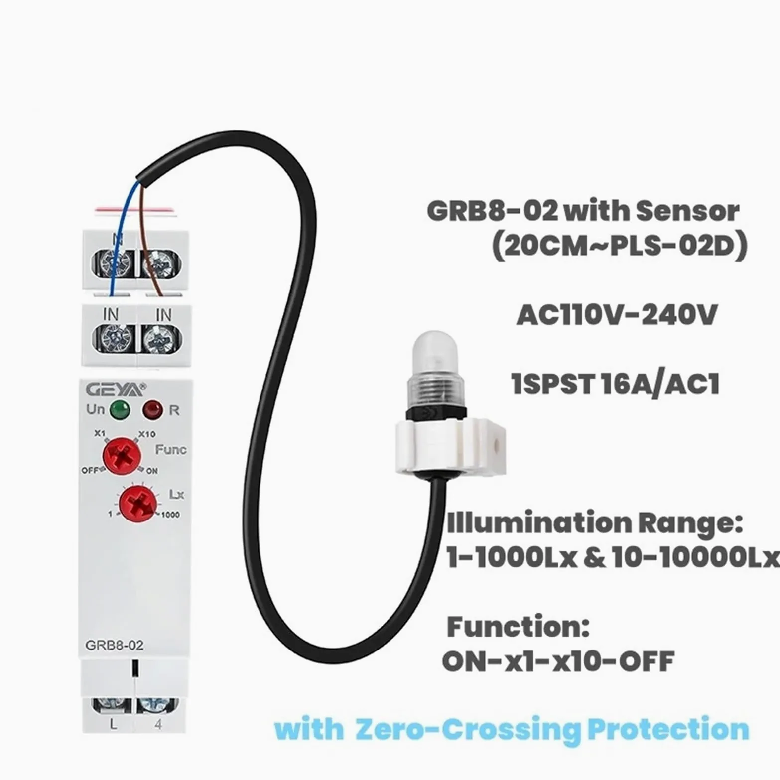 GRB8-01/02 Interruptor crepuscular de riel DIN Temporizador fotoeléctrico Sensor de luz Relé CA 110 V-240 V Automático(GRB8-01 AC110-240V)