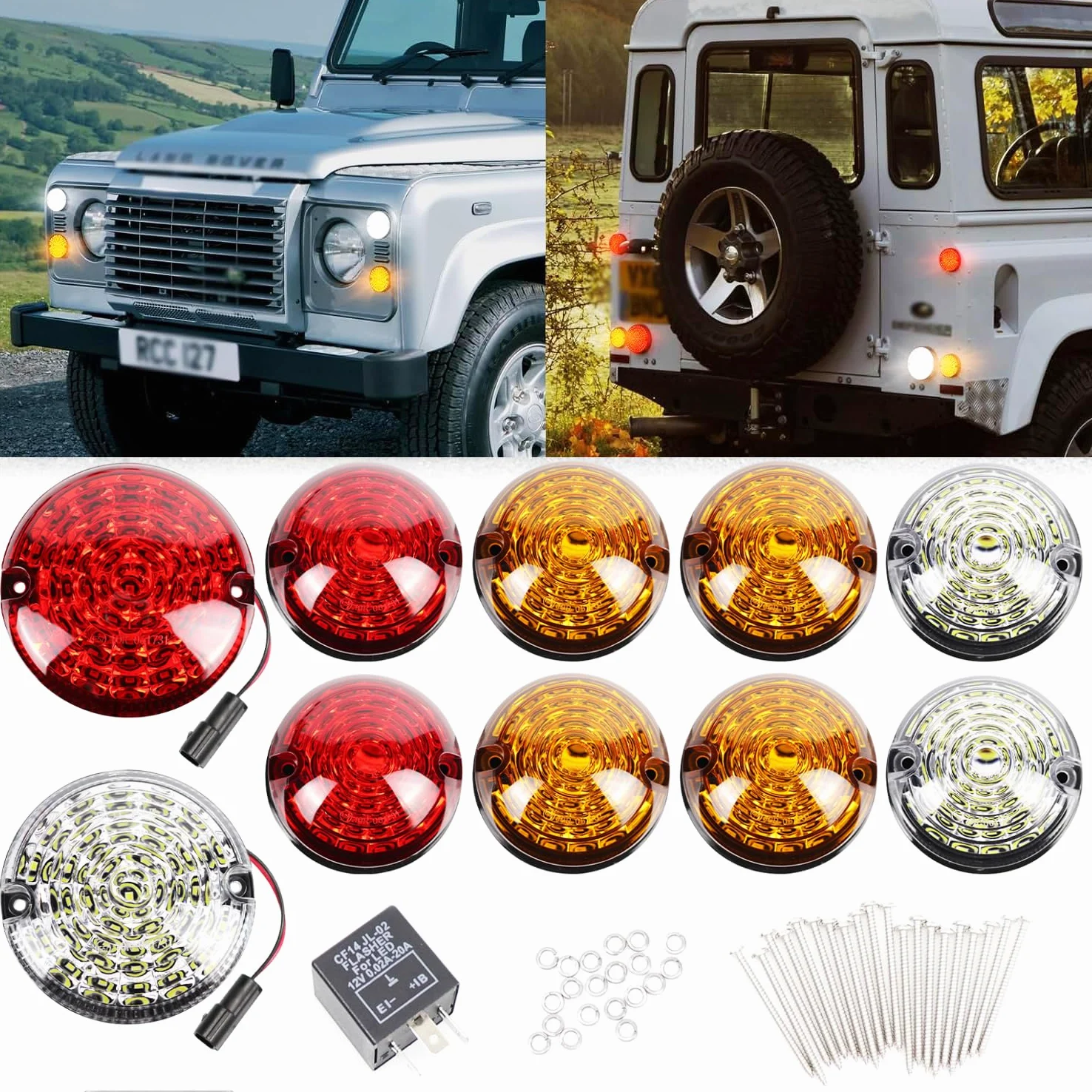 HEYOUTH 10PCS for Defender LED Light Upgrade Kits,Trasera Luces,Antiniebla Luz de Marcha Atrás Luz lateral Delantera compatible for Land Rover Defender 90/110 1990-2016 (Lentes de colores)