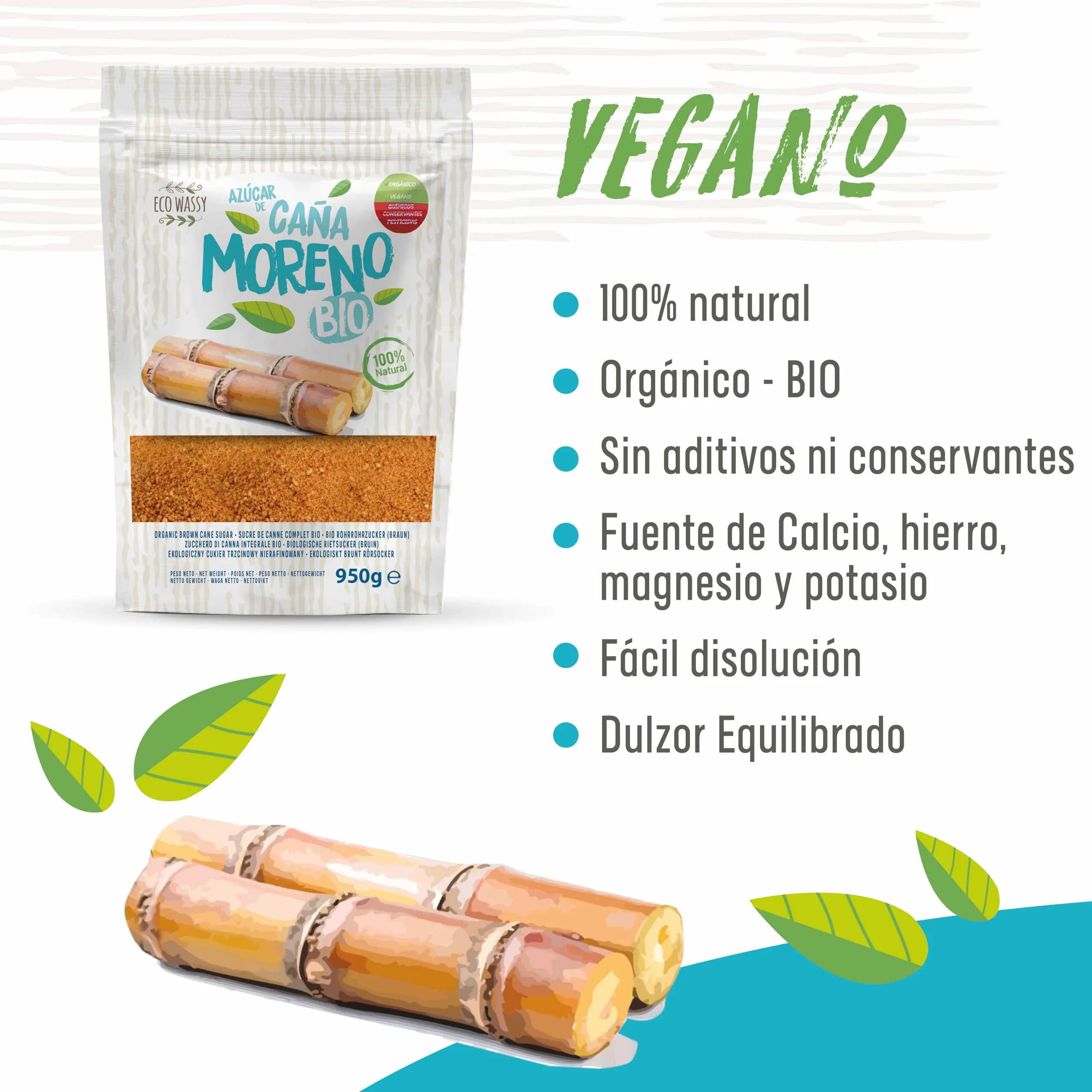 Azúcar Moreno de Caña BIO Endulzante Natural No Refinado Rico en Nutrientes (950Gr)