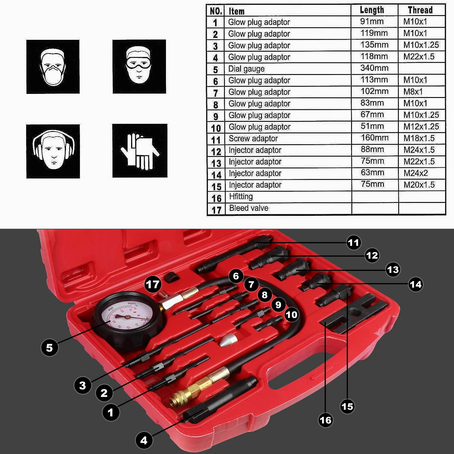 Kit de manómetro de prueba de diagnóstico para comprobador de compresión de motor TDI CDI, medidor de presión de cilindro de motor de 0 a 1000 PSI, para motores diésel de automóviles y tractores.