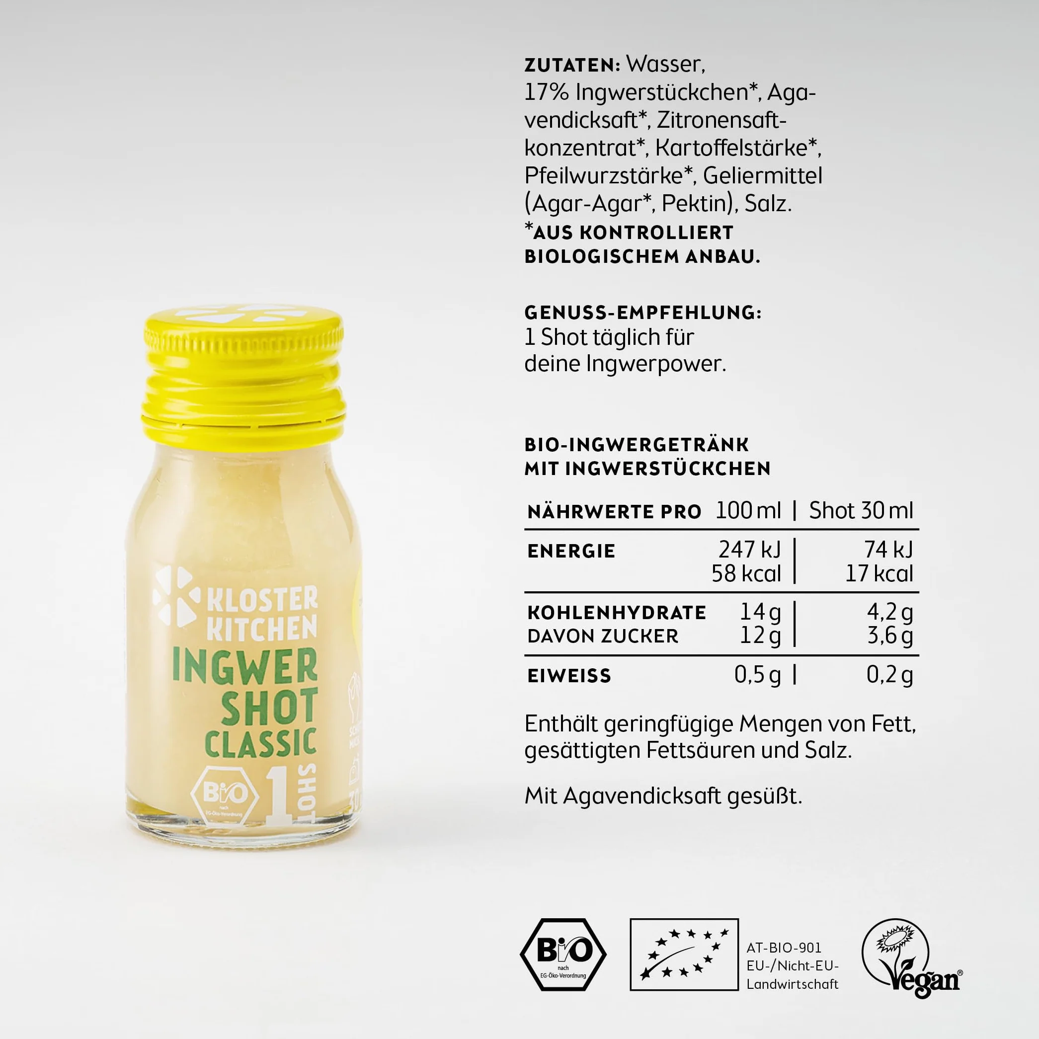 Kloster Kitchen Bio Ginger Shot Classic 7 x 30 ml trozos reales de jengibre vegano