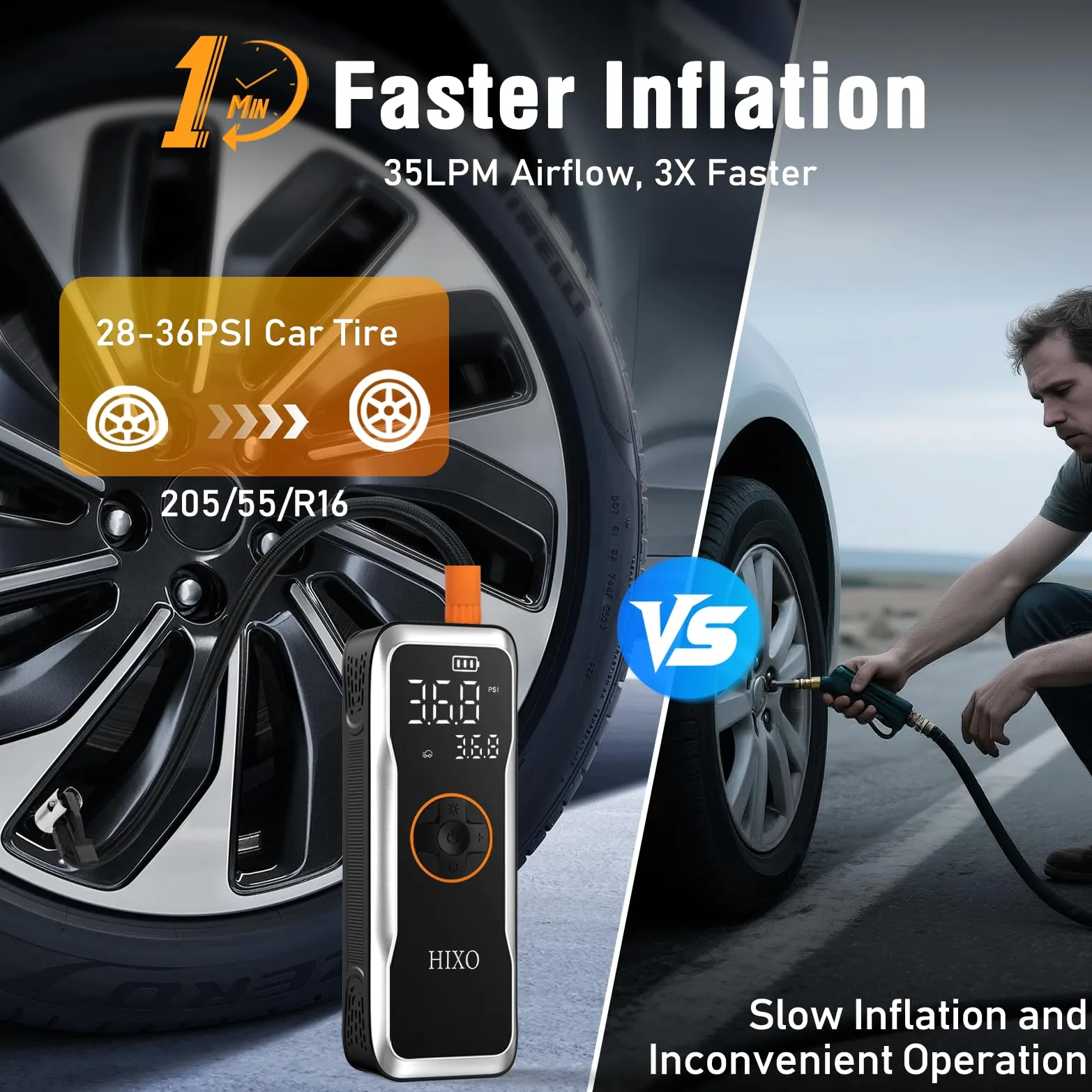 Compresor de aire portátil inflador de neumáticos, bomba de aire inalámbrica para neumáticos de coche con batería de 20000 mAh y 12 V CC, inflador rápido de neumáticos de 150 PSI con manómetro digital