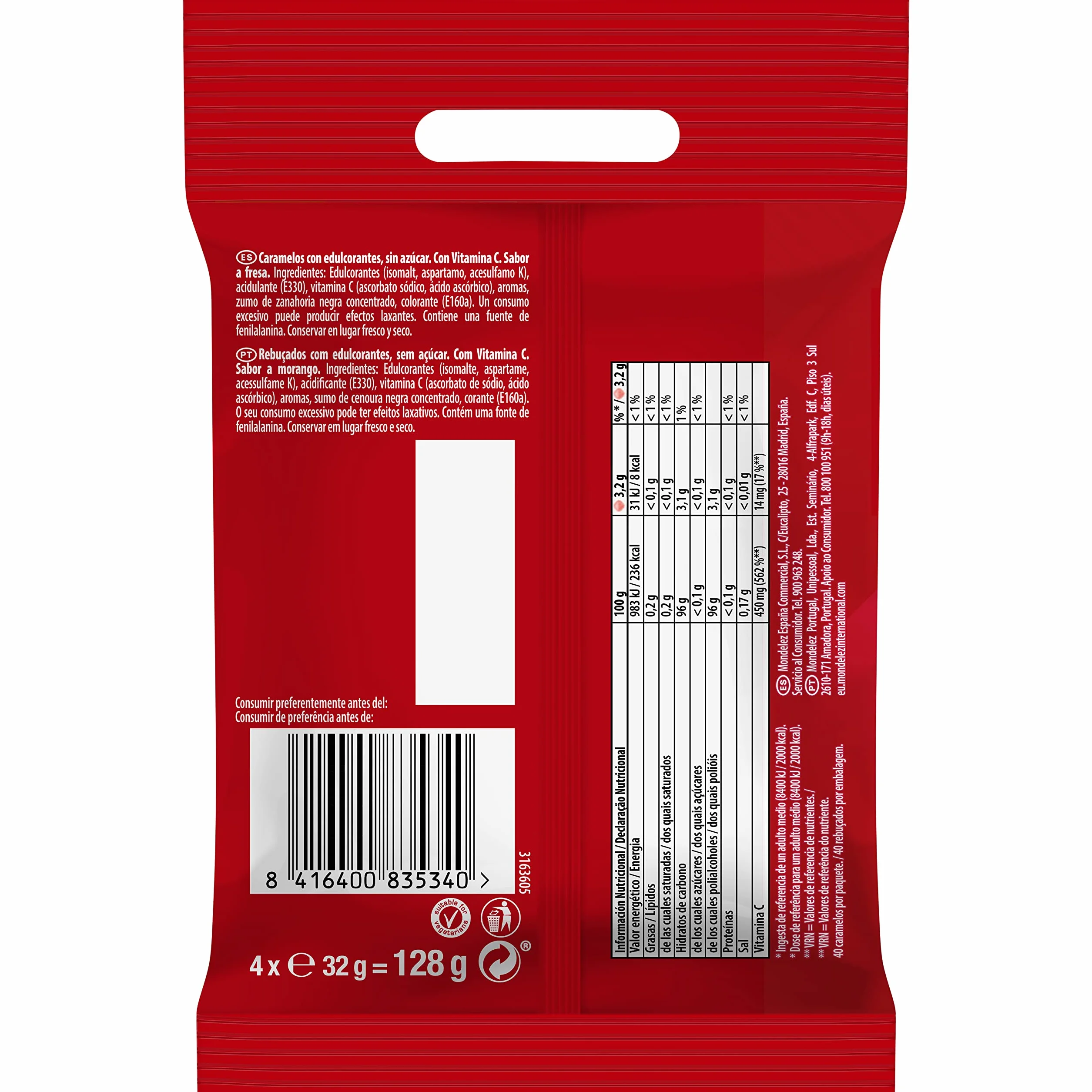 Halls Caramelos Sabor Fresa Sin Azúcar Paquete 4 x 32 g