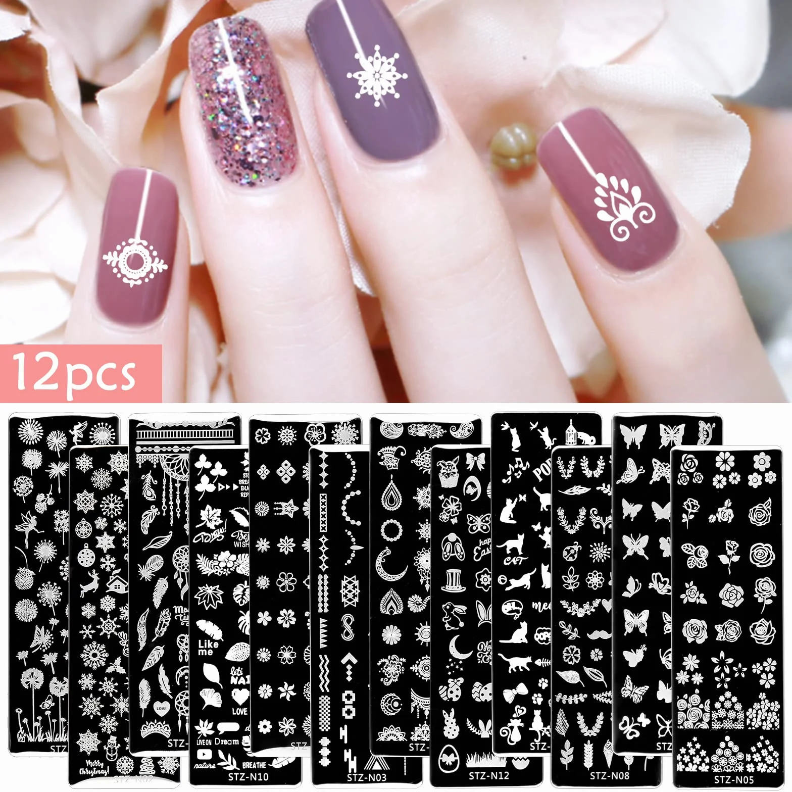 Nail Art Stamping Kit Plantillas para Uñas con Bolso Placas Sello Raspador Silicona