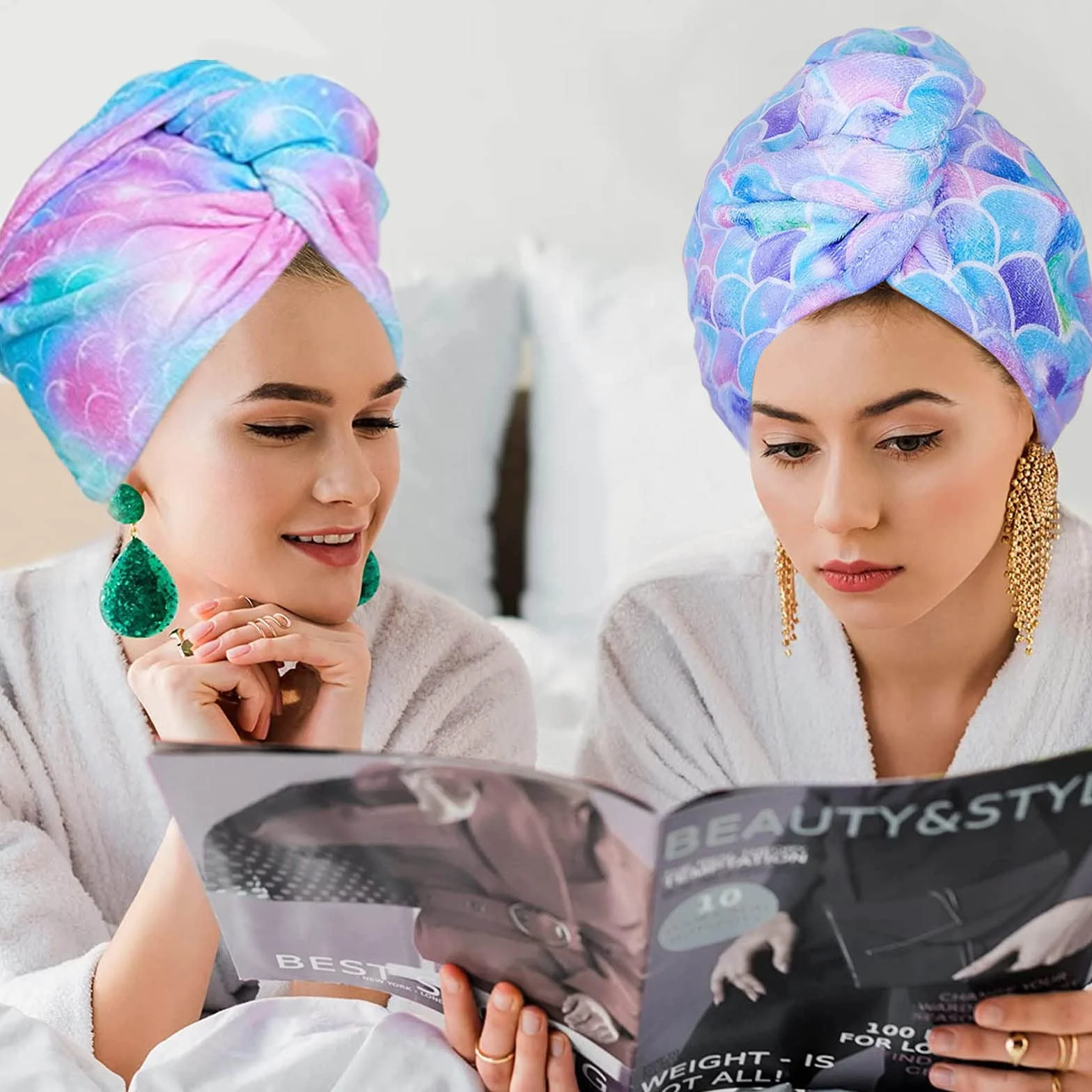 Toallas Envolventes de Microfibra para el Cabello, Paquete de 2, Secado Rápido, Elástica con Botón, Súper Absorbente