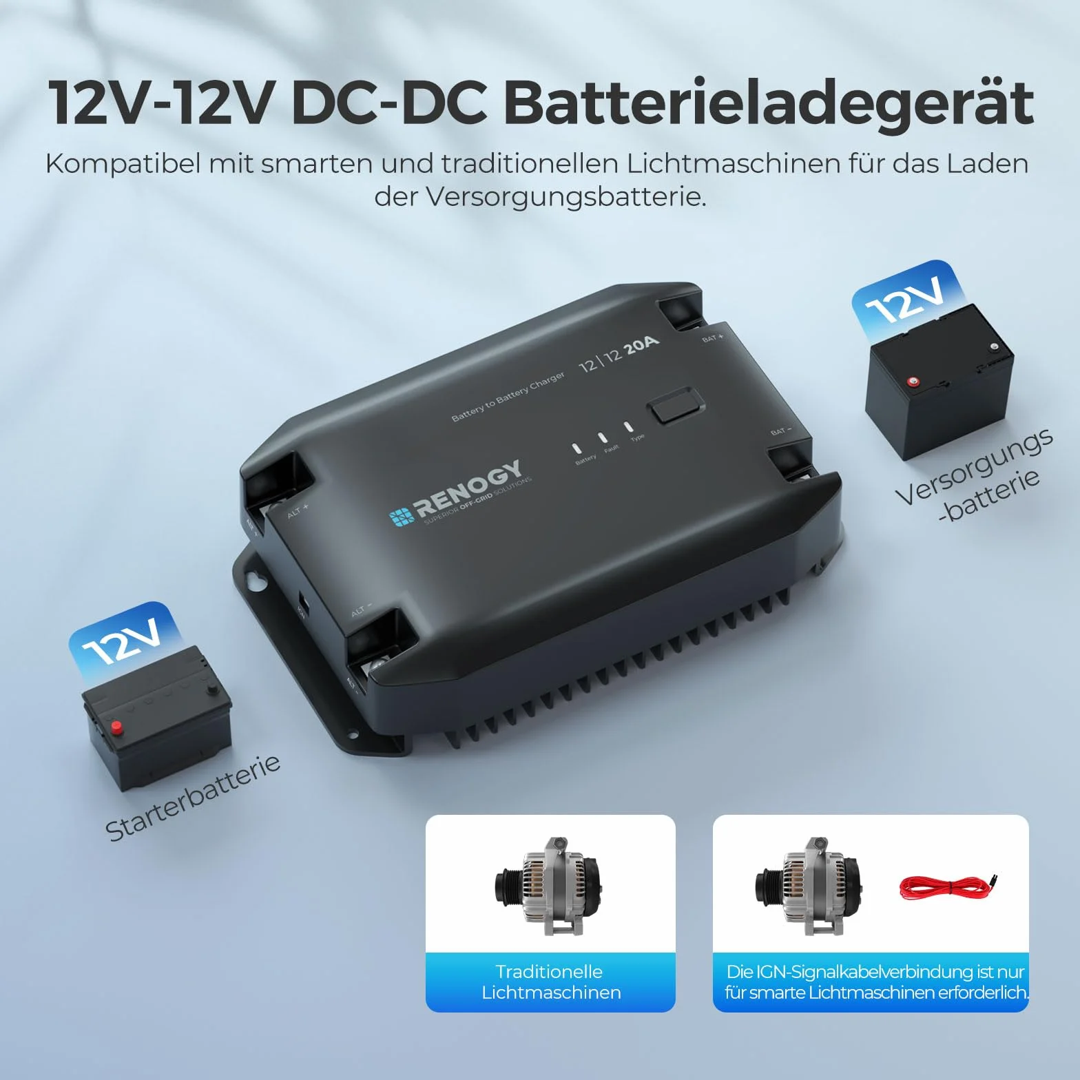 Renogy Cargador de batería 20 A DCDC, Cargador de energía Solar de 12 V, AGM, Flooded, Gel y batería de Litio, protección contra sobrecalentamiento